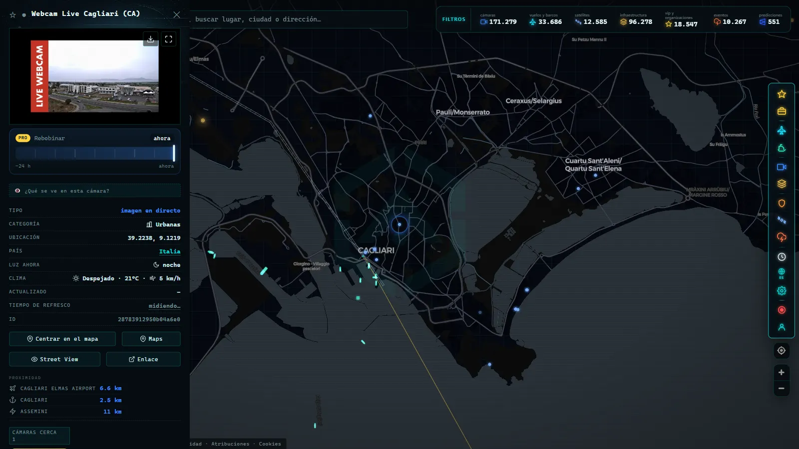 Ficha de Webcam Live Cagliari (CA) (Urbana) en el mapa de ARGOS ATLAS