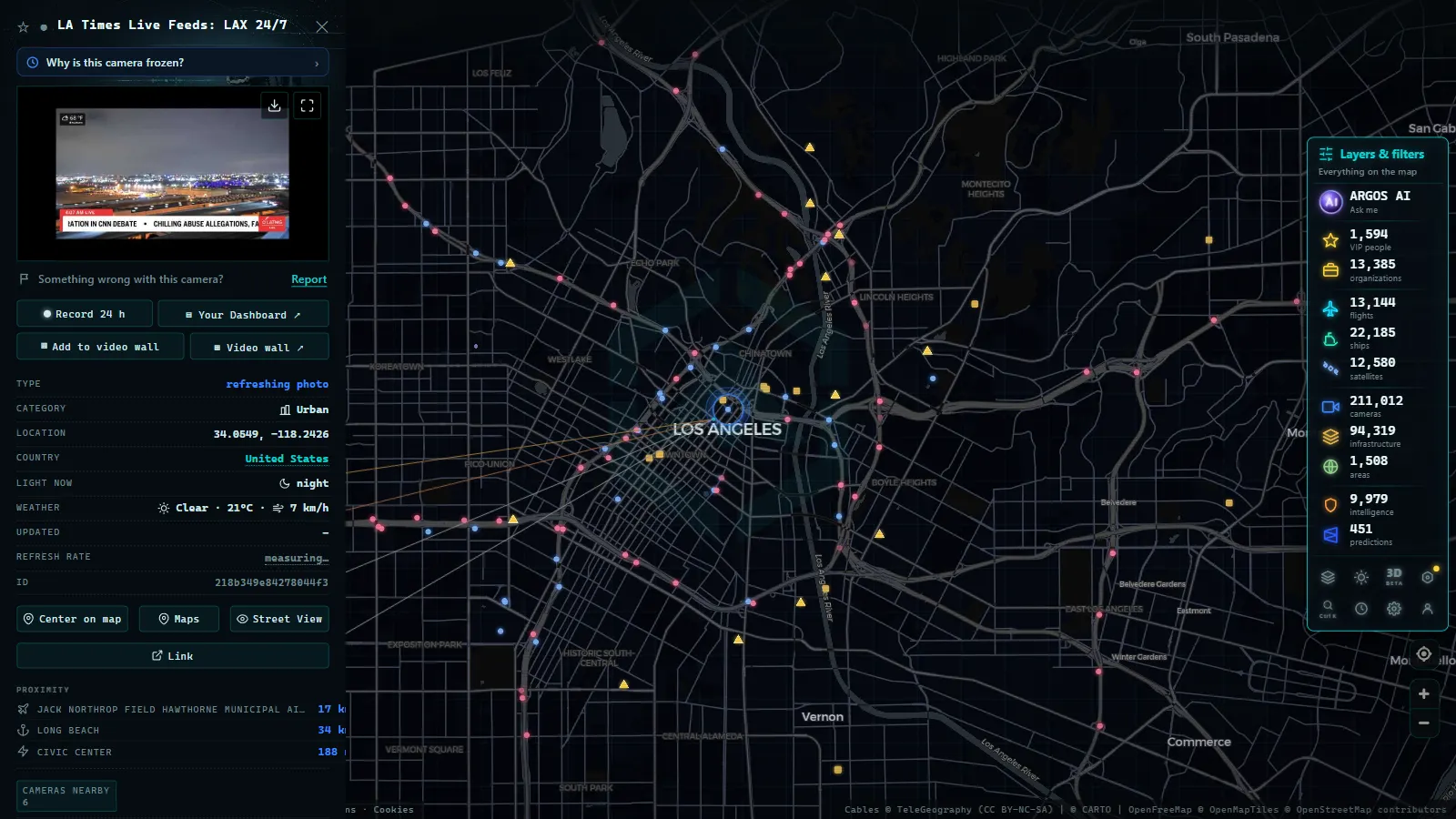 Detail card of LA Times Live Feeds: LAX 24/7 (Urban) on the ARGOS ATLAS map