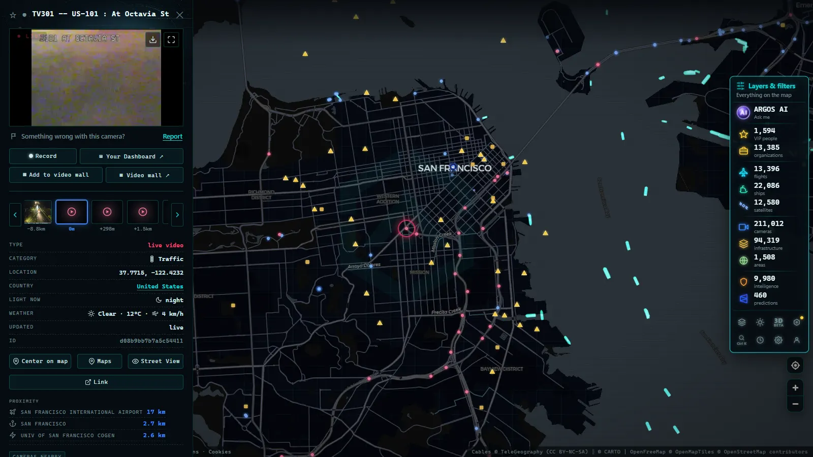 Detail card of TV301 -- US-101 : At Octavia St (Traffic) on the ARGOS ATLAS map