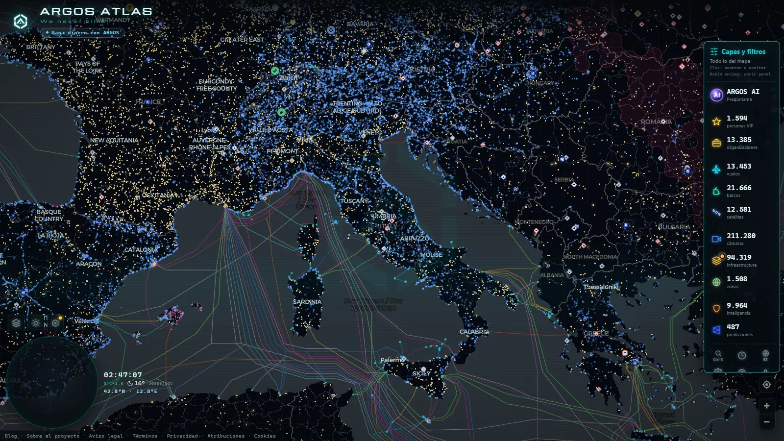 El mapa en vivo de ARGOS ATLAS sobre Italia