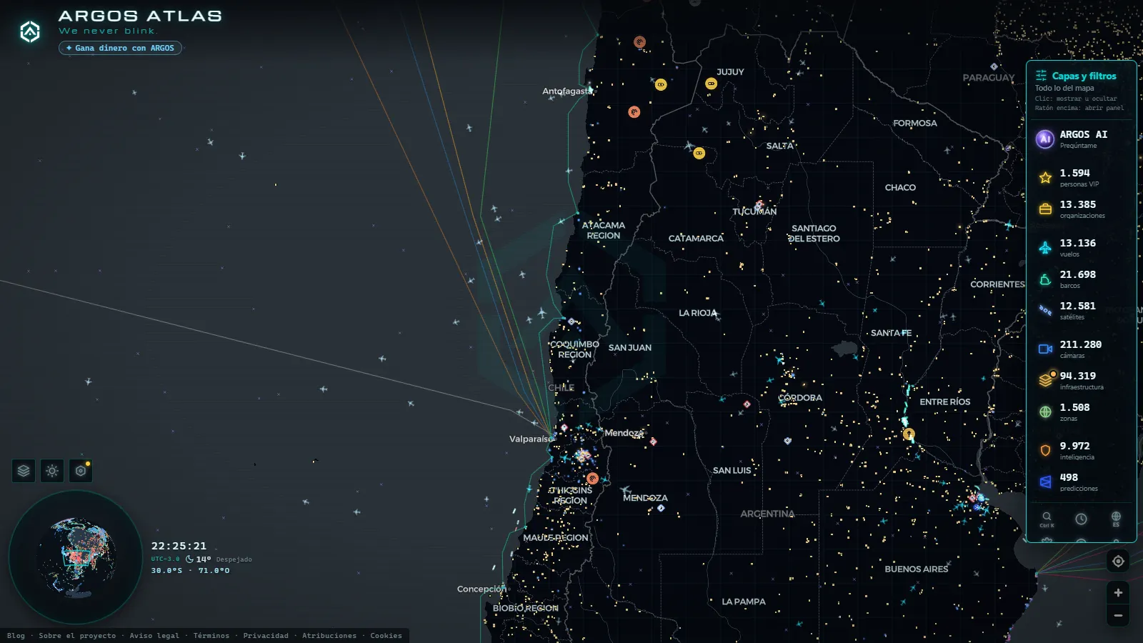 El mapa en vivo de ARGOS ATLAS sobre Chile