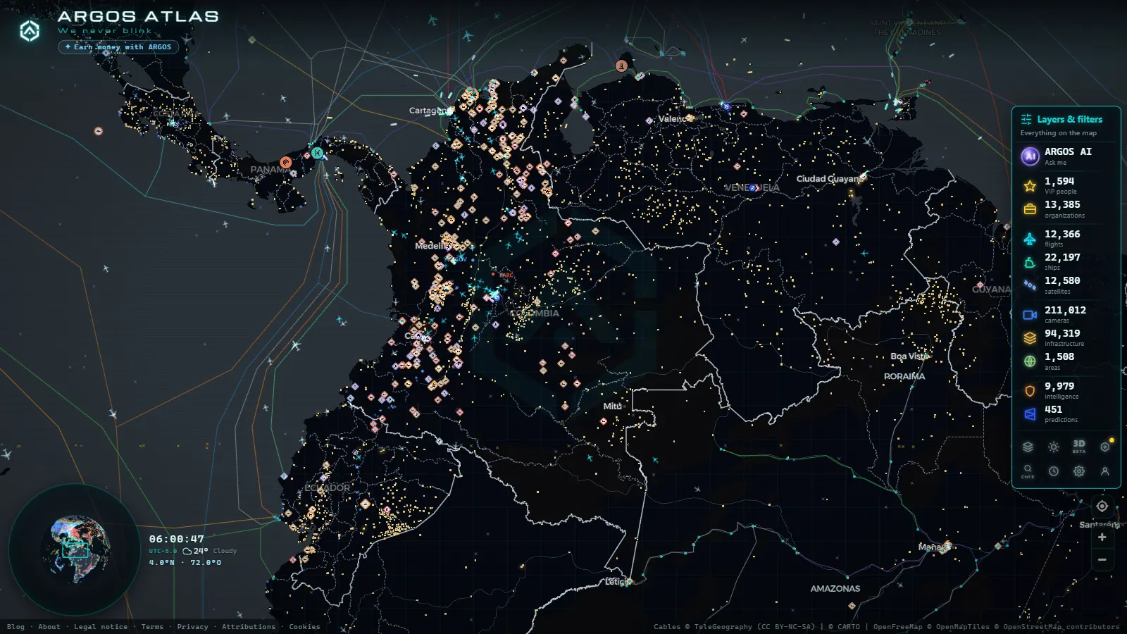 The ARGOS ATLAS live map over Colombia
