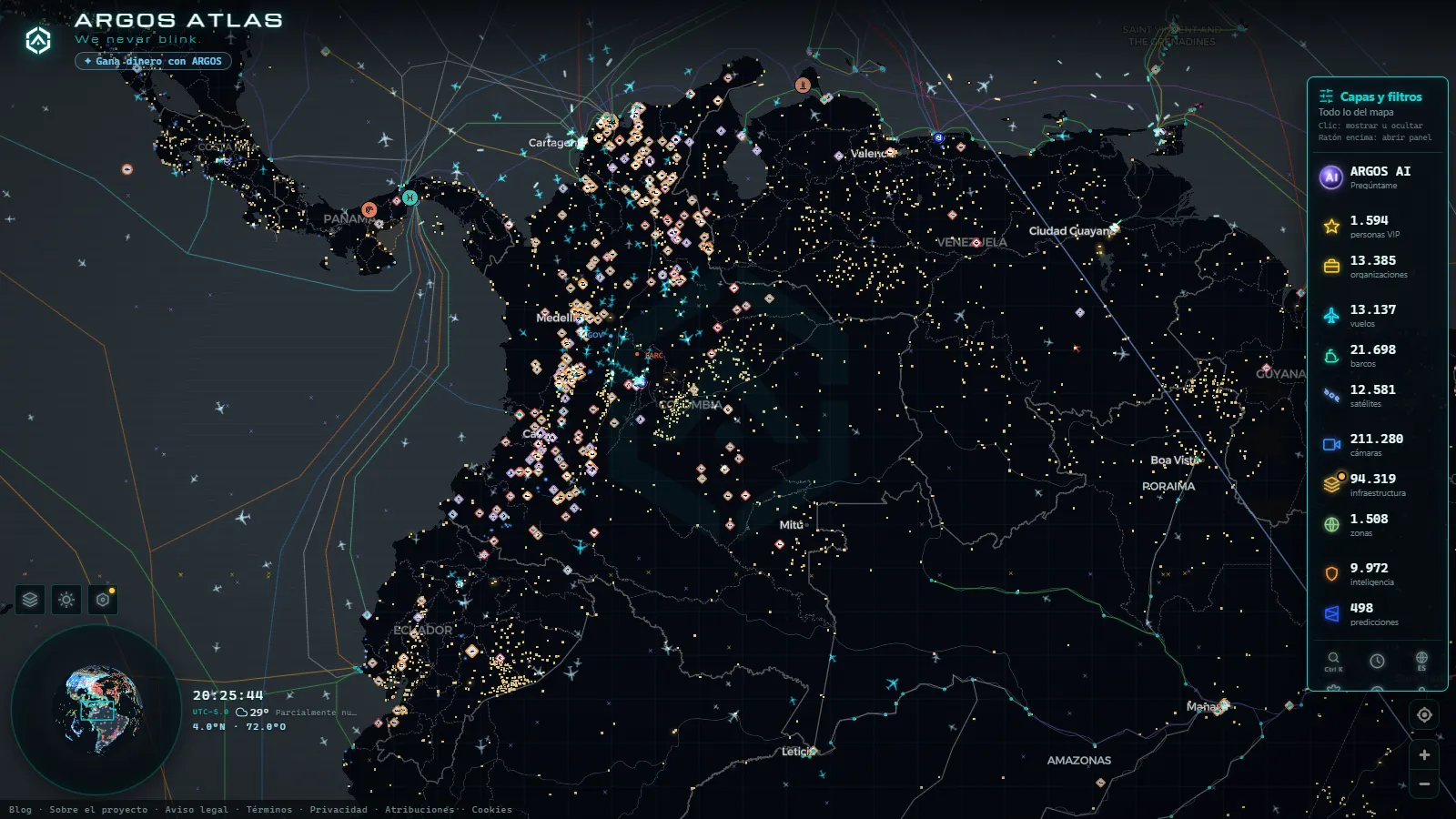 El mapa en vivo de ARGOS ATLAS sobre Colombia