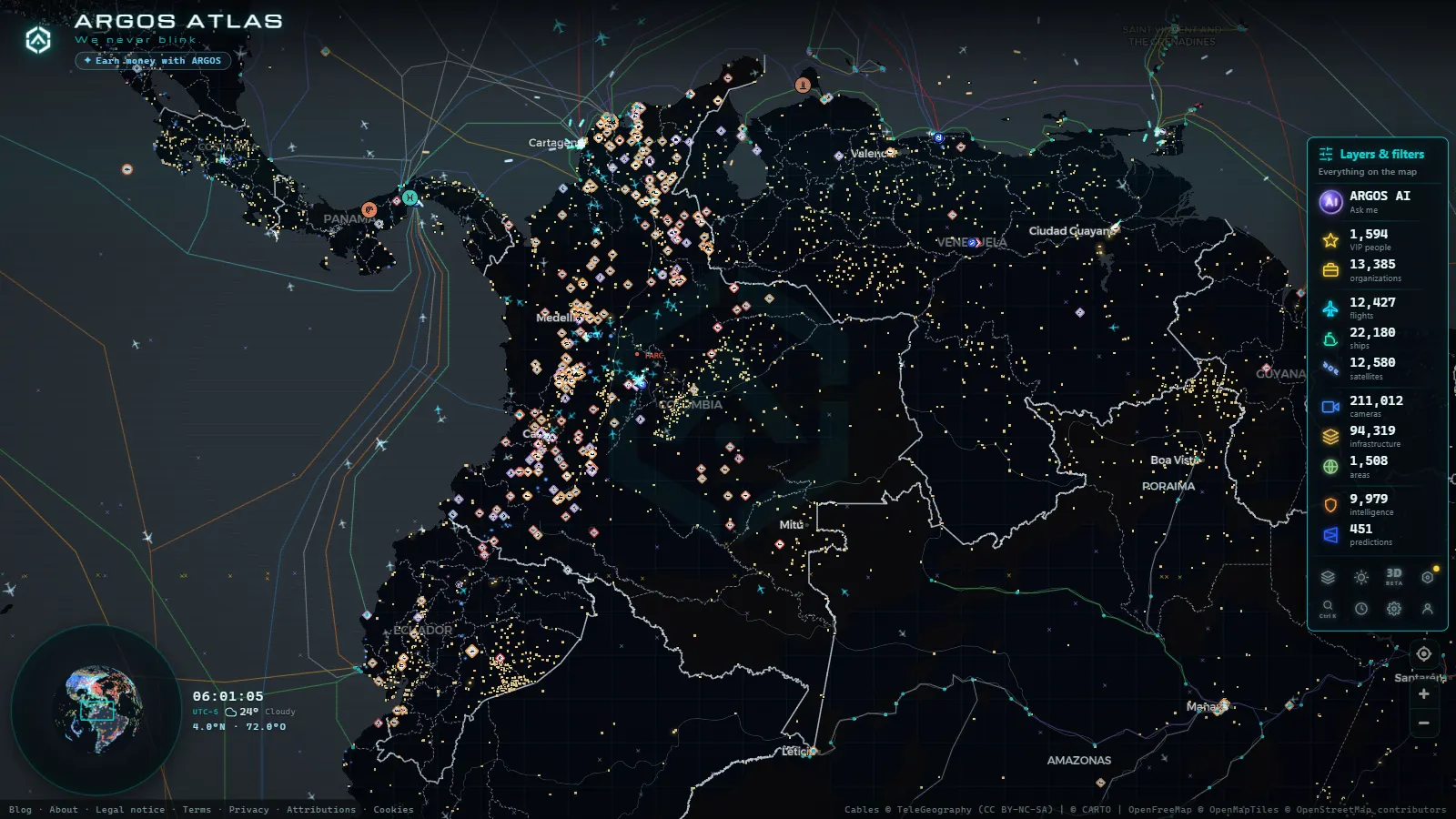 The ARGOS ATLAS live map over Colombia
