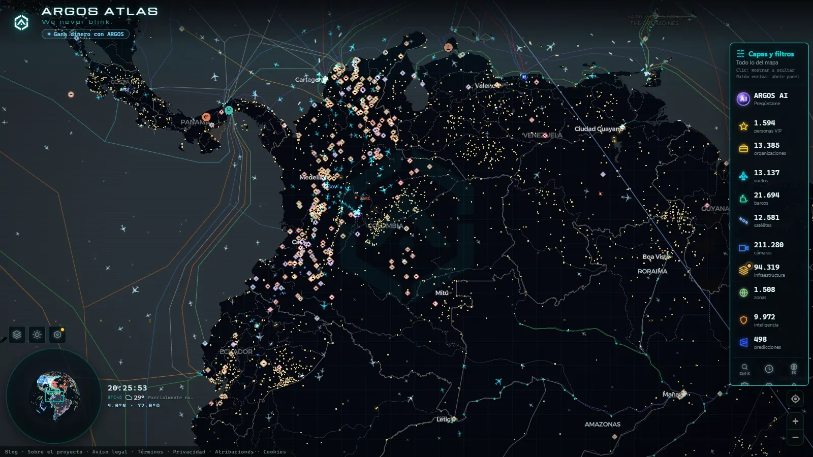 El mapa en vivo de ARGOS ATLAS sobre Colombia