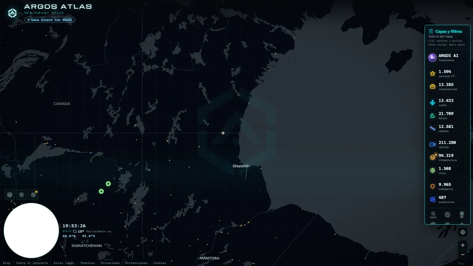El mapa en vivo de ARGOS ATLAS sobre Canadá