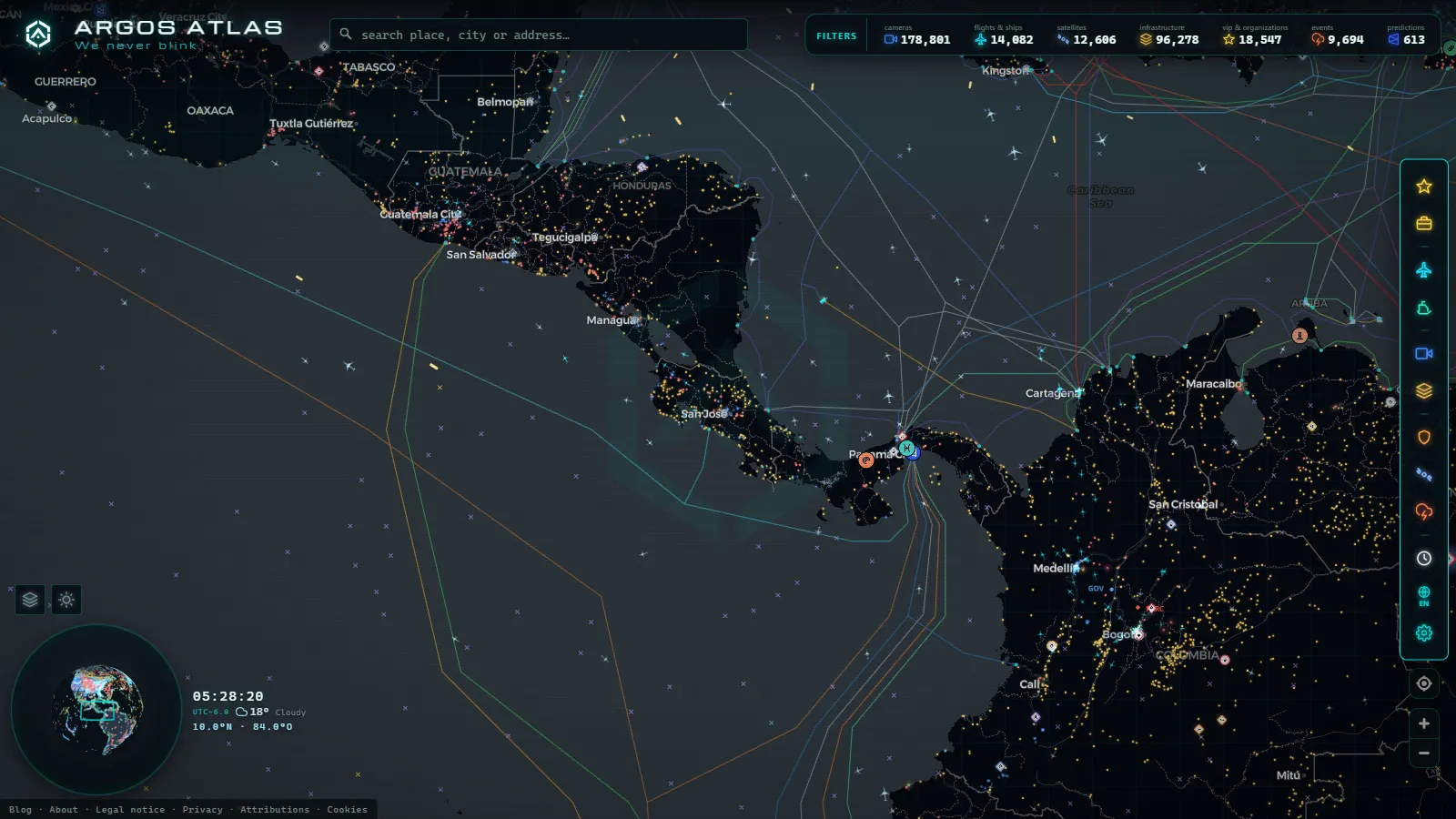 The ARGOS ATLAS live map over Costa Rica
