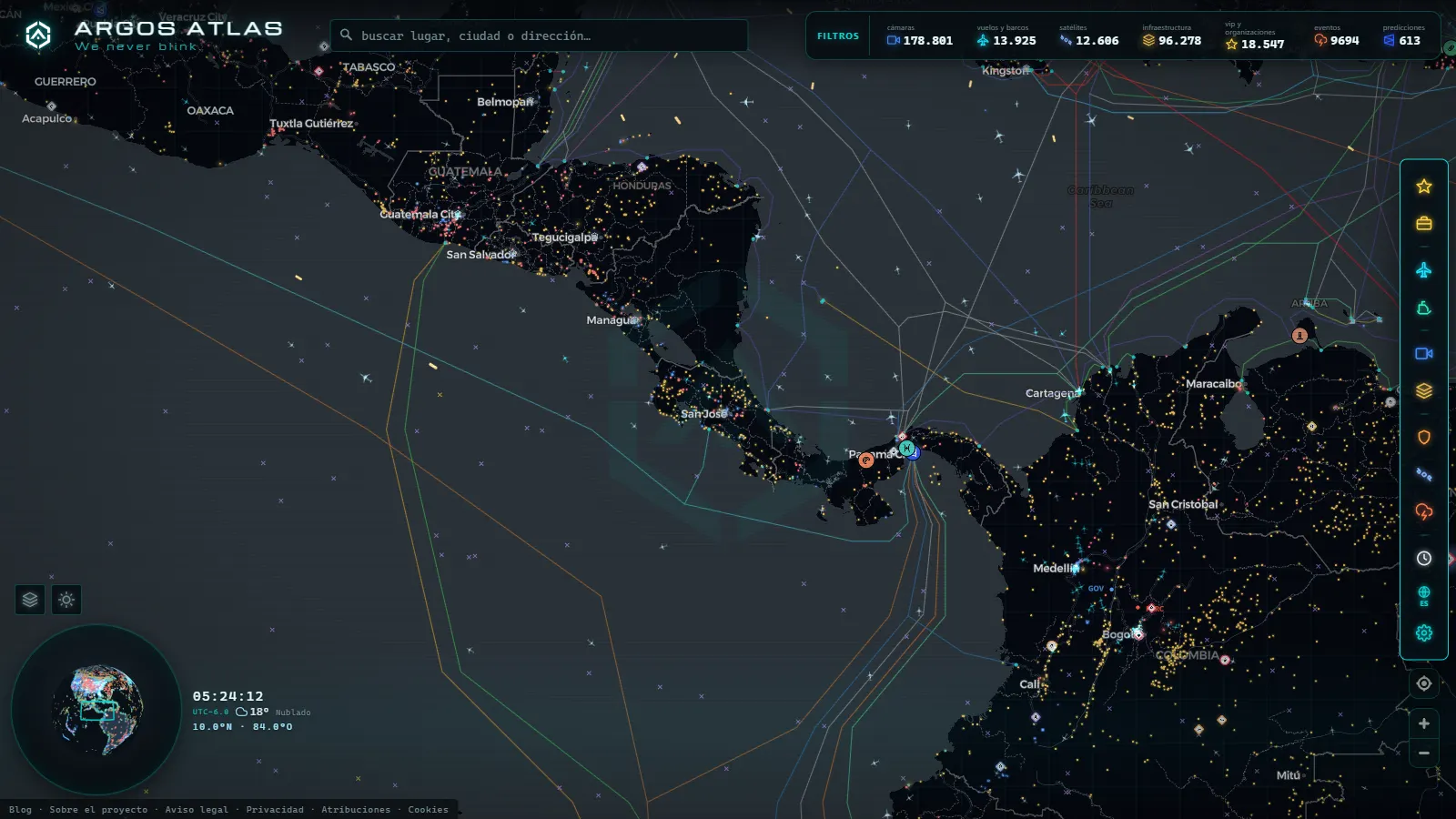 El mapa en vivo de ARGOS ATLAS sobre Costa Rica