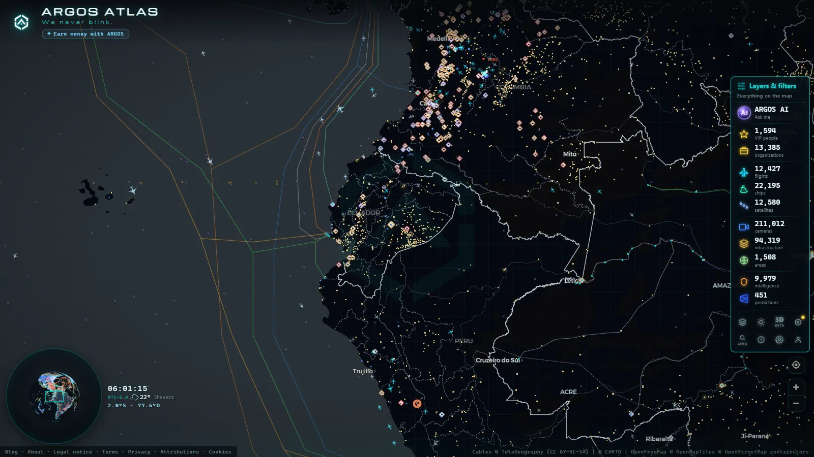 The ARGOS ATLAS live map over Ecuador