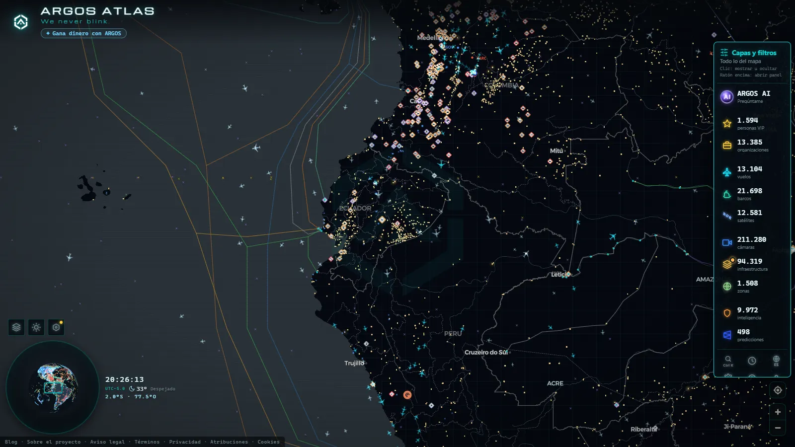 El mapa en vivo de ARGOS ATLAS sobre Ecuador