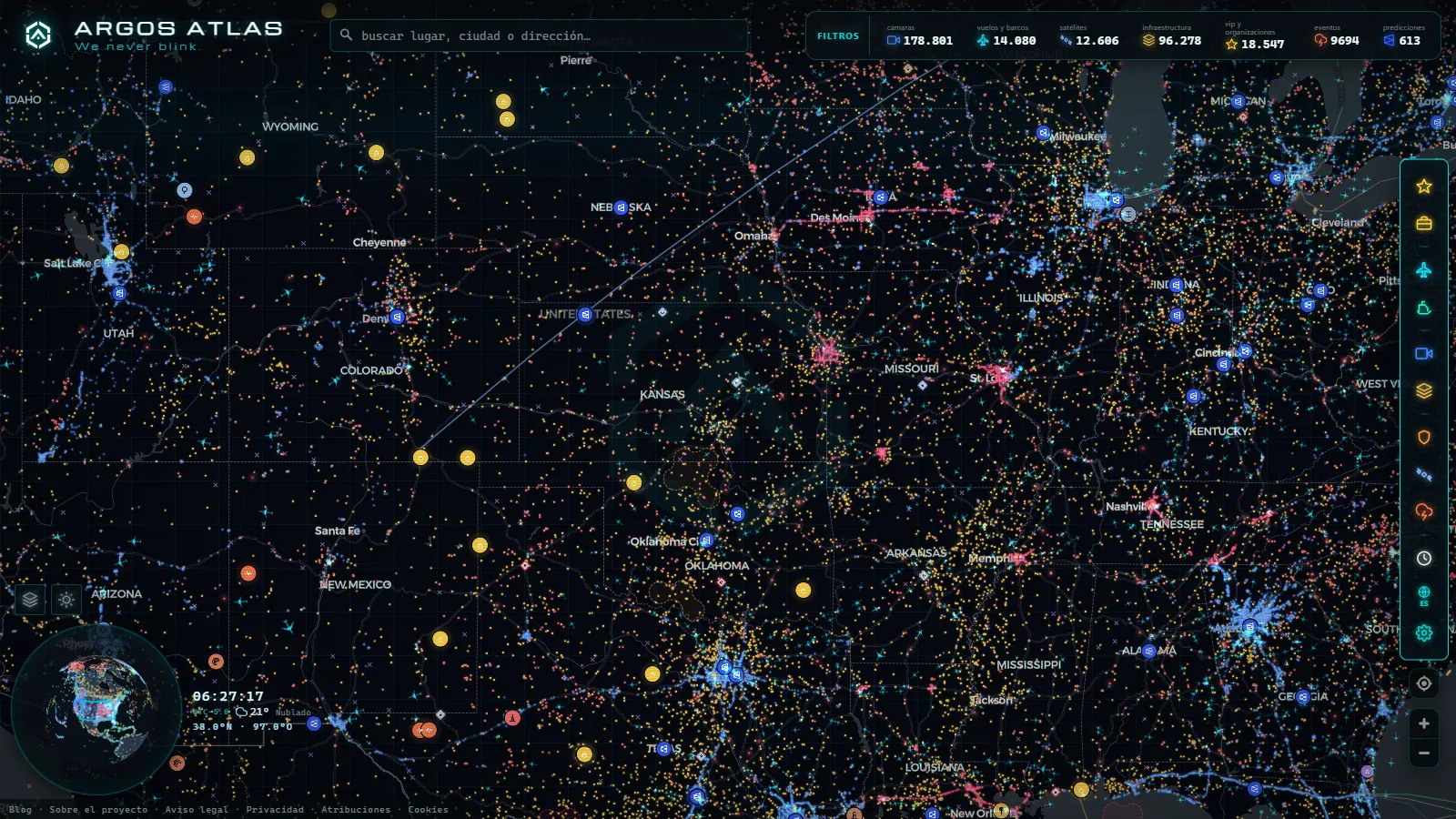 El mapa en vivo de ARGOS ATLAS sobre Estados Unidos
