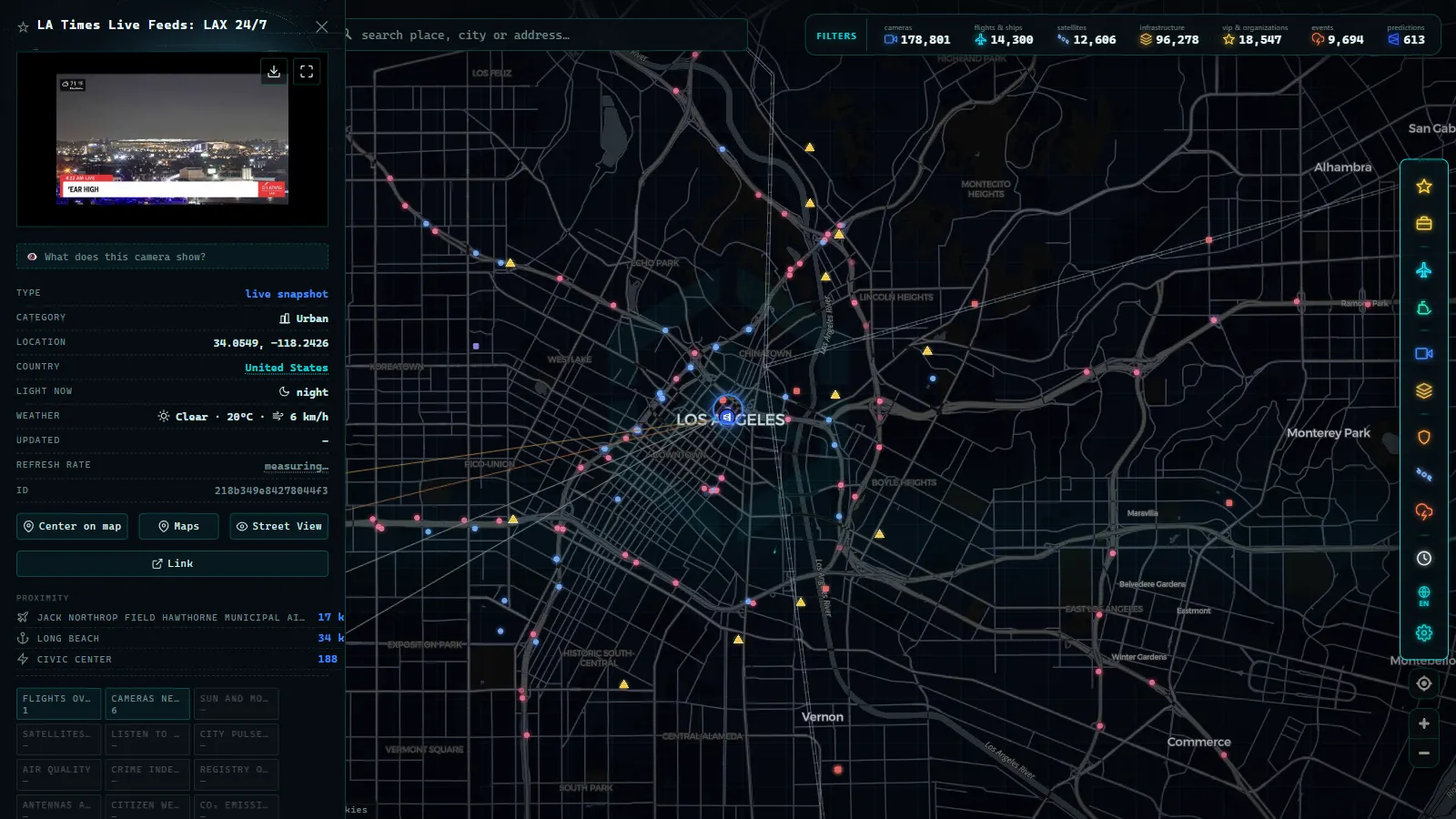 Detail card of LA Times Live Feeds: LAX 24/7 (Urban) on the ARGOS ATLAS map