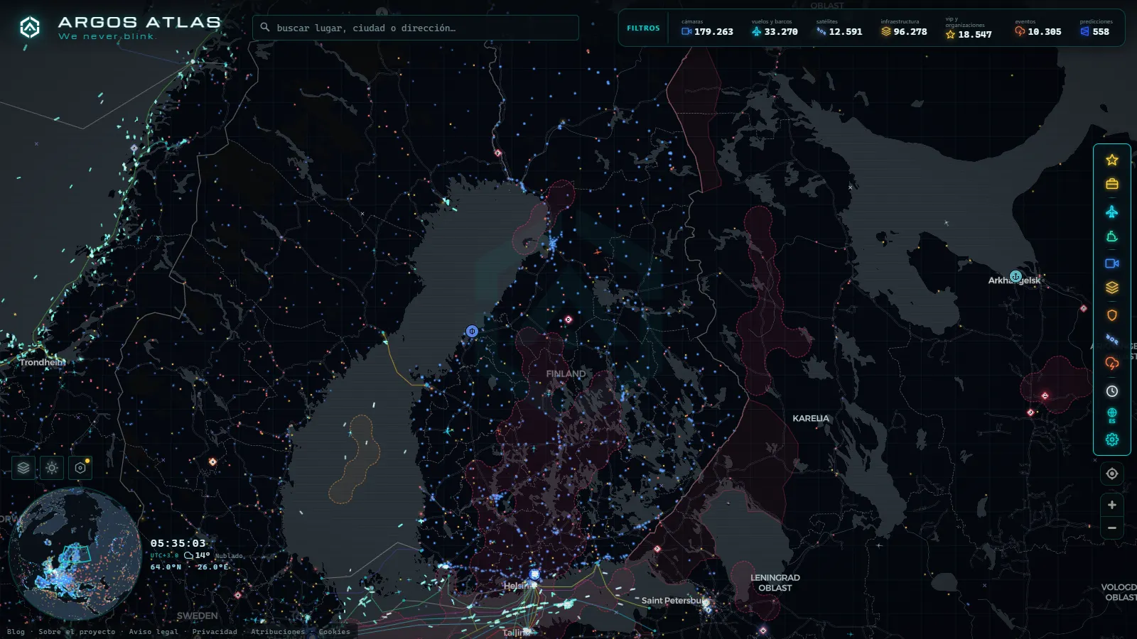 El mapa en vivo de ARGOS ATLAS sobre Finlandia