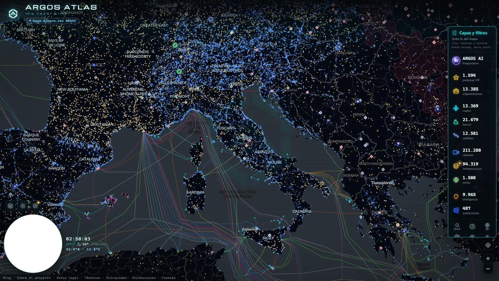 El mapa en vivo de ARGOS ATLAS sobre Italia