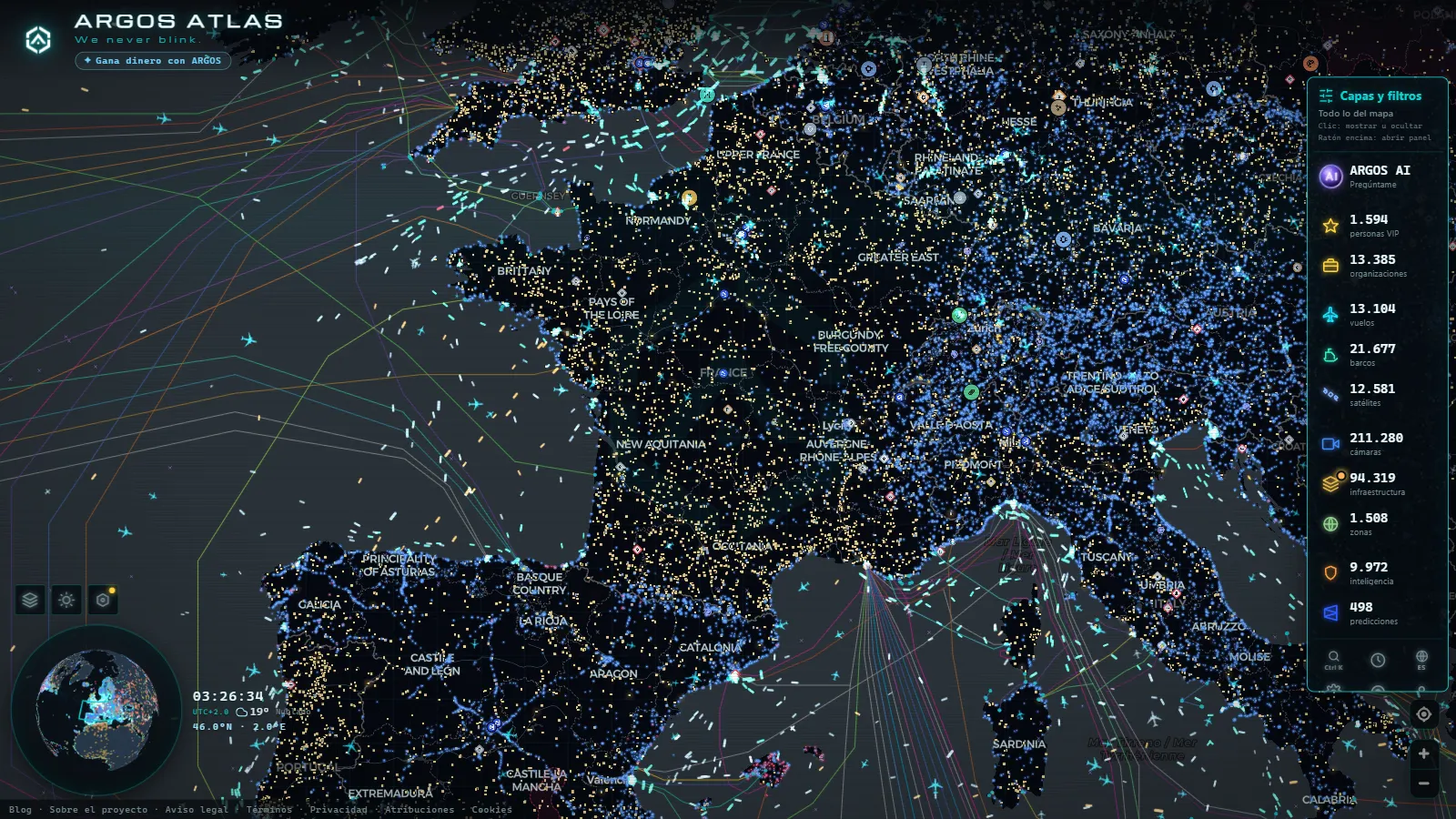 El mapa en vivo de ARGOS ATLAS sobre Francia