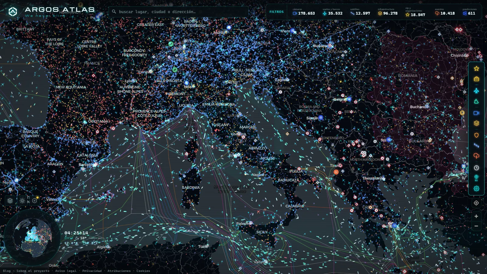 El mapa en vivo de ARGOS ATLAS sobre Italia