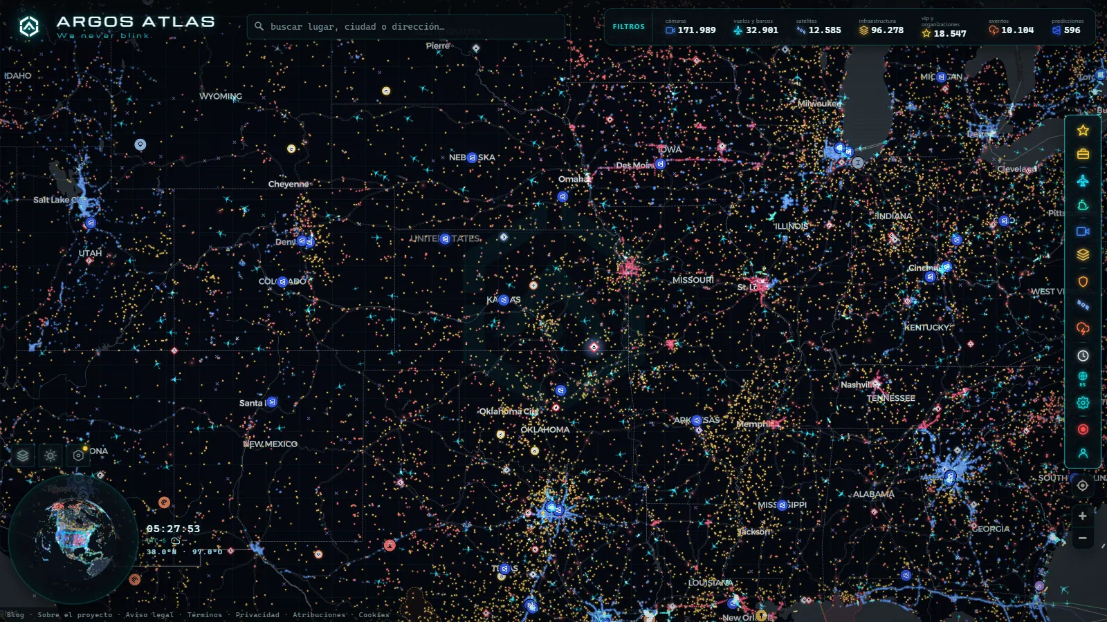El mapa en vivo de ARGOS ATLAS sobre Estados Unidos