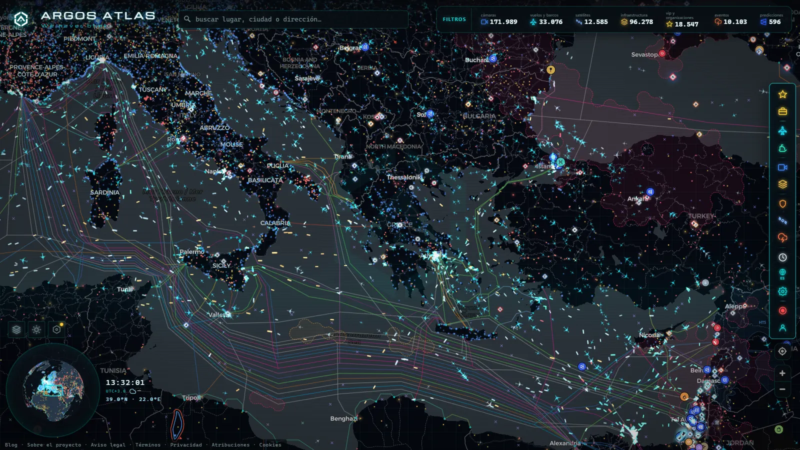 El mapa en vivo de ARGOS ATLAS sobre Grecia