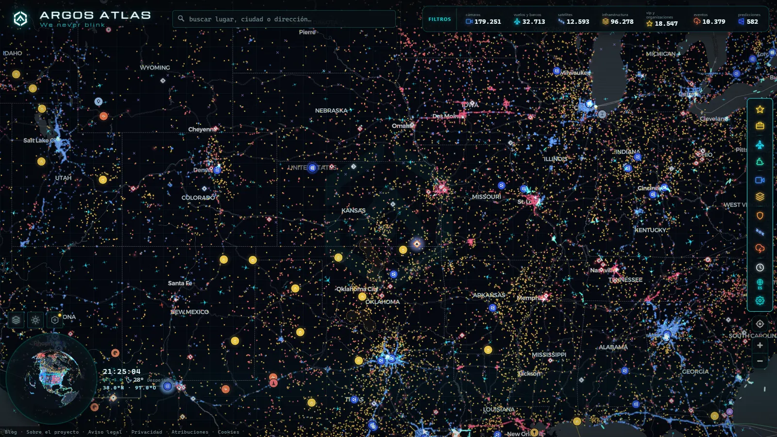 El mapa en vivo de ARGOS ATLAS sobre Estados Unidos