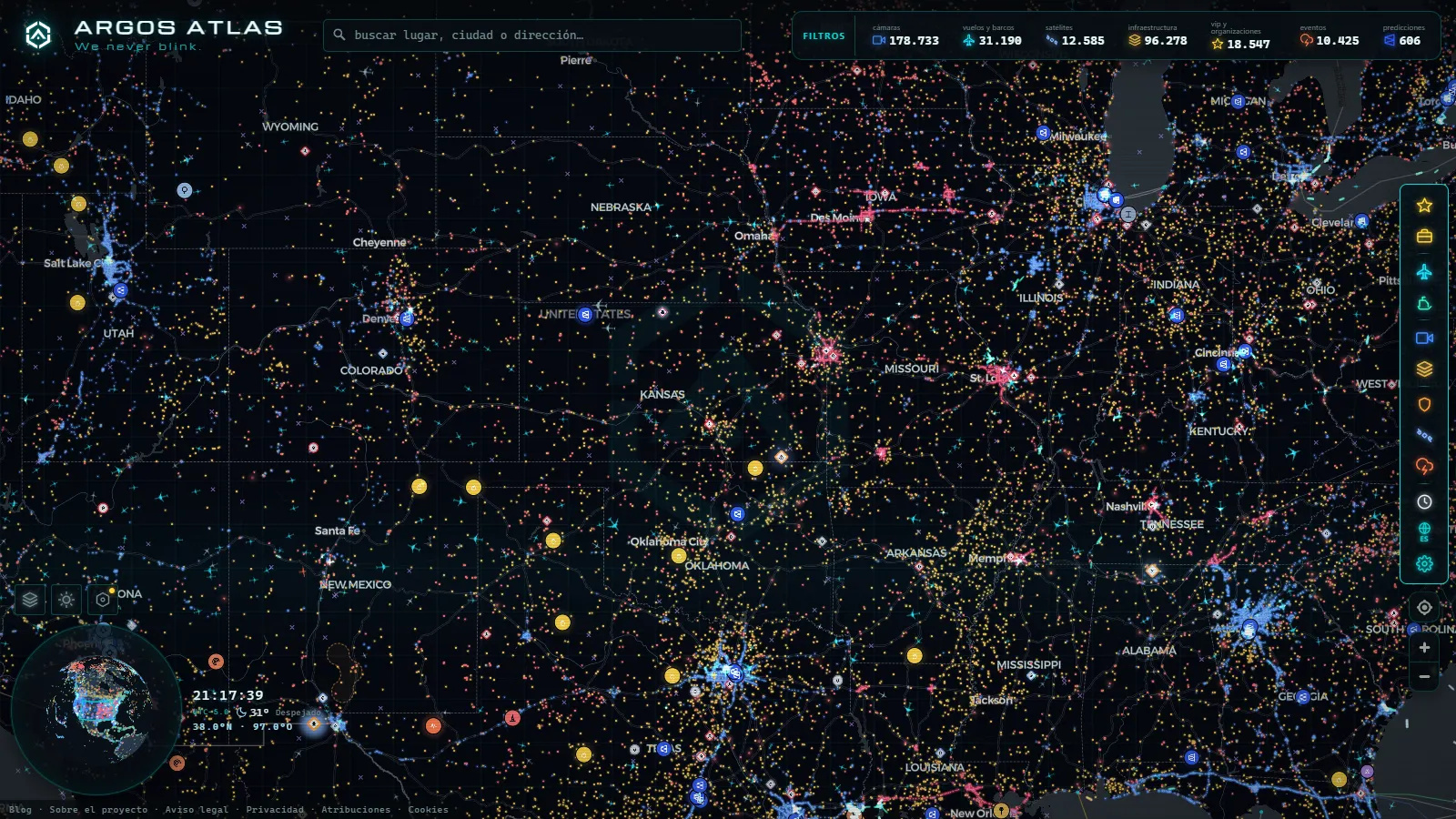 El mapa en vivo de ARGOS ATLAS sobre Estados Unidos