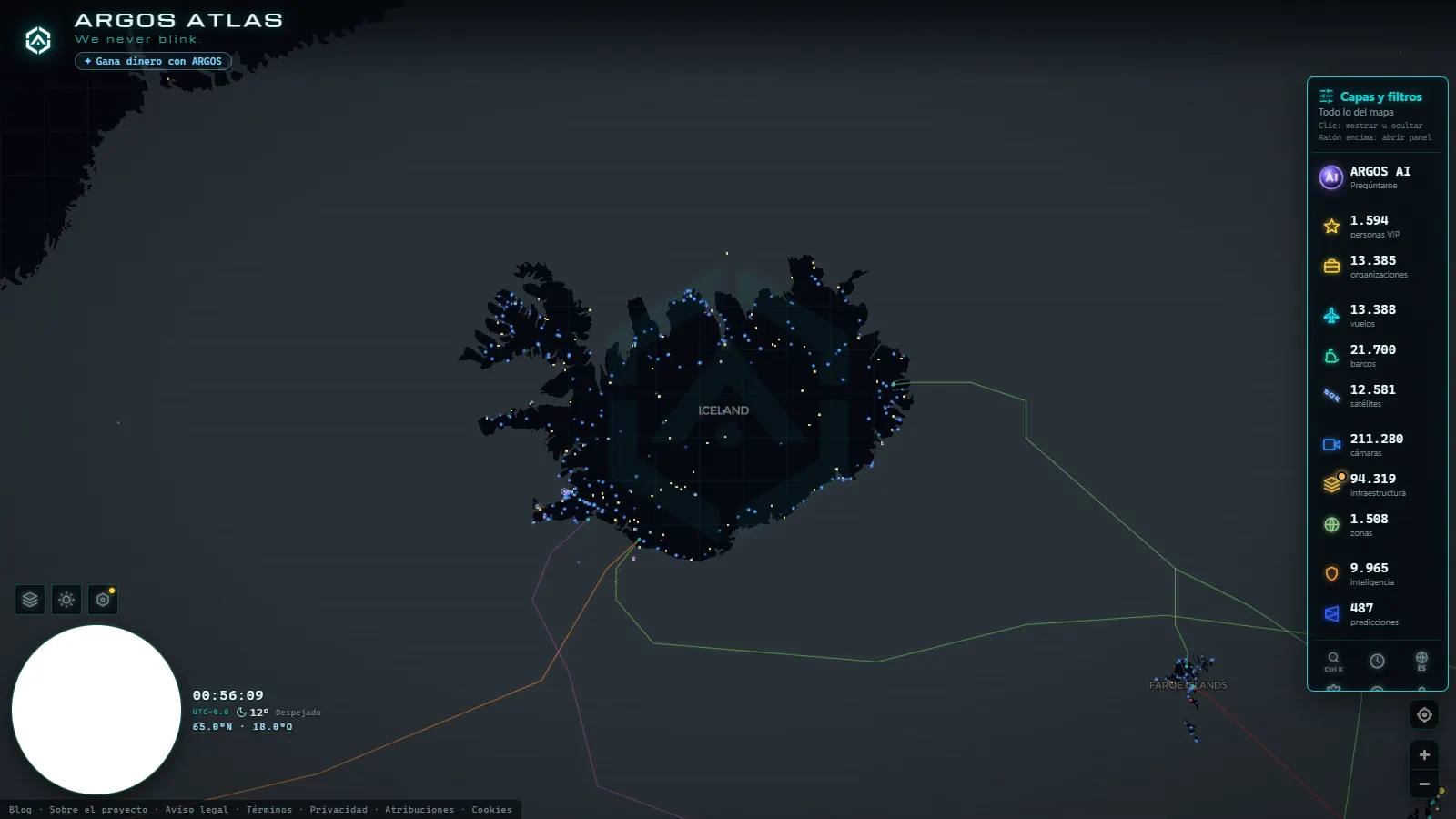 El mapa en vivo de ARGOS ATLAS sobre Islandia