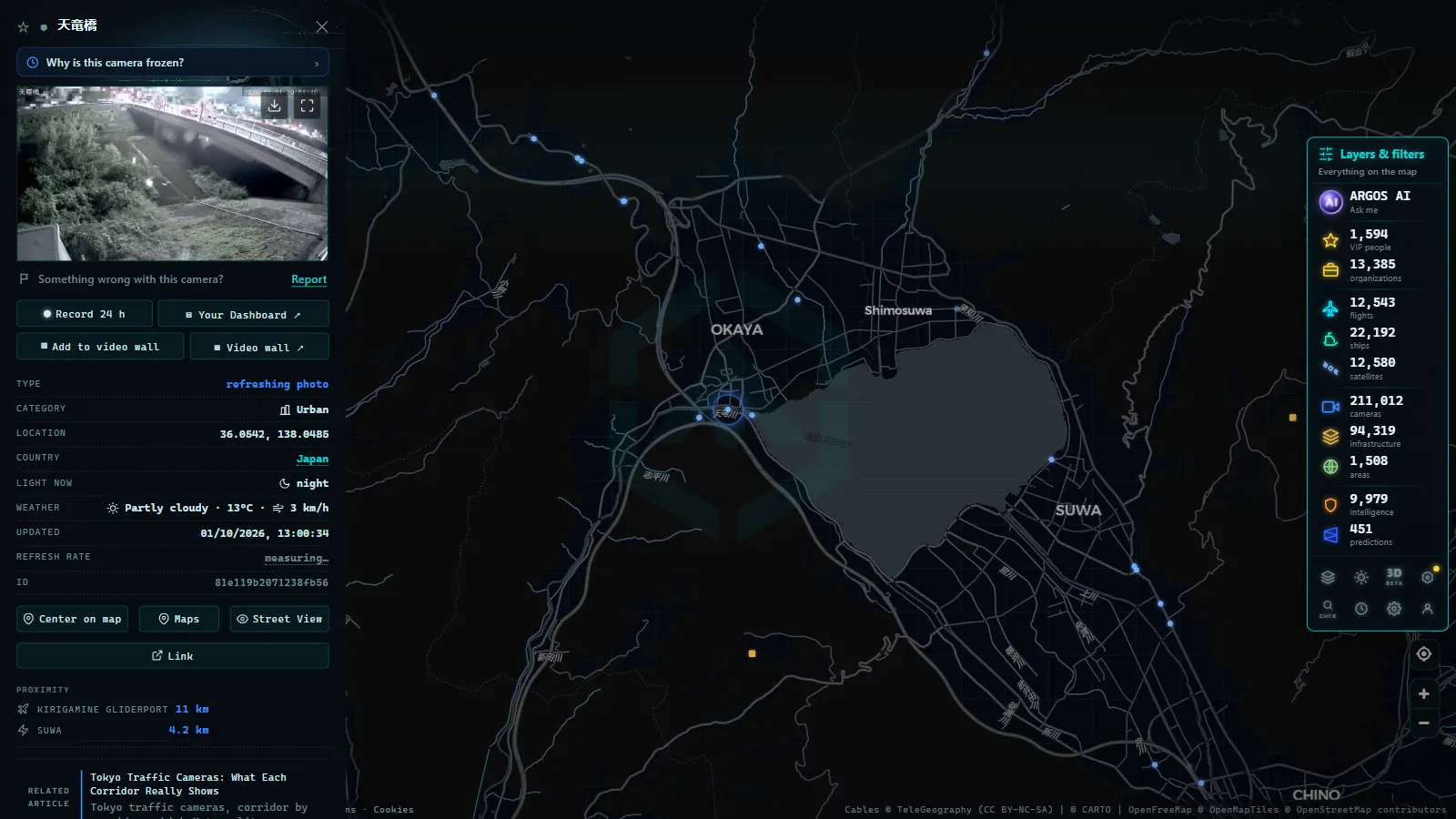 Detail card of 天竜橋 (Urban) on the ARGOS ATLAS map