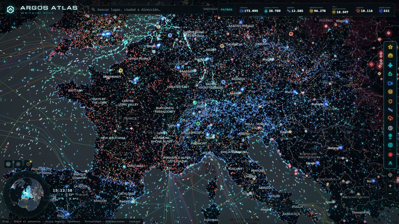 El mapa en vivo de ARGOS ATLAS sobre Suiza