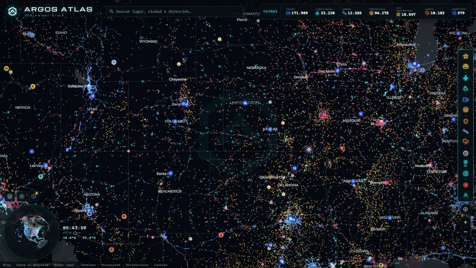 El mapa en vivo de ARGOS ATLAS sobre Estados Unidos