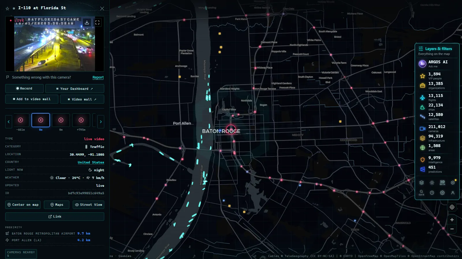 Detail card of I-110 at Florida St (Traffic) on the ARGOS ATLAS map