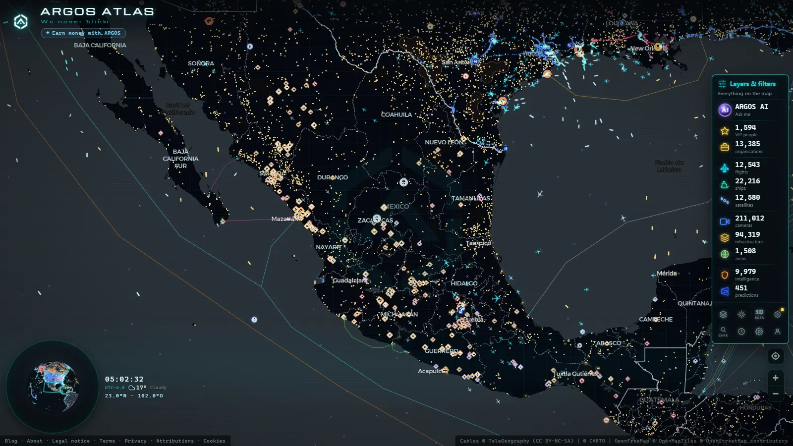 The ARGOS ATLAS live map over Mexico