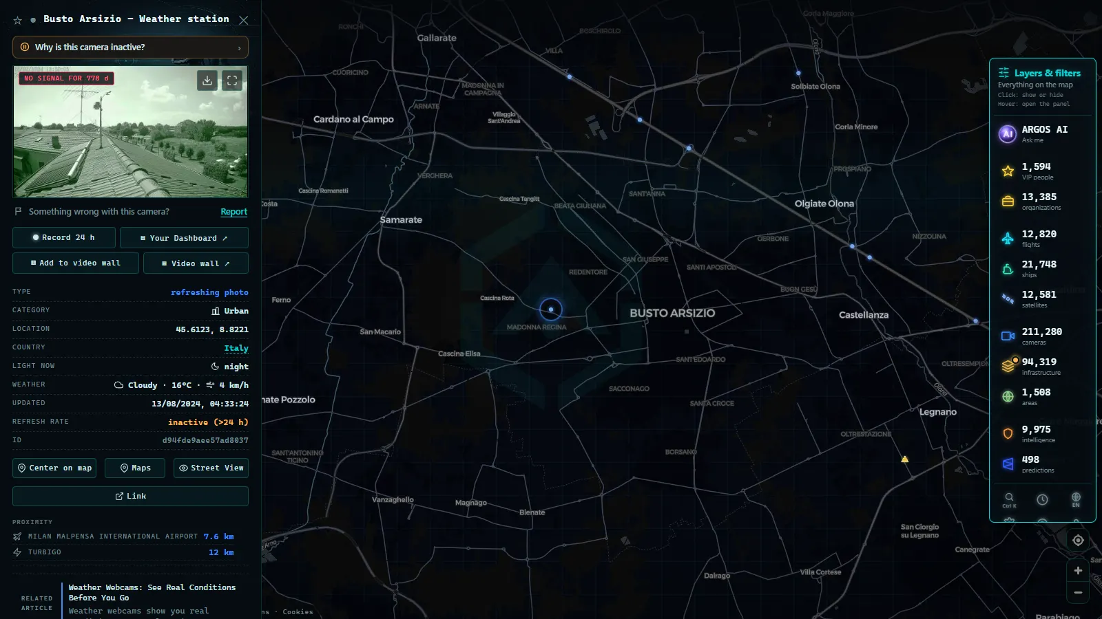 Detail card of Busto Arsizio - Weather station (Urban) on the ARGOS ATLAS map