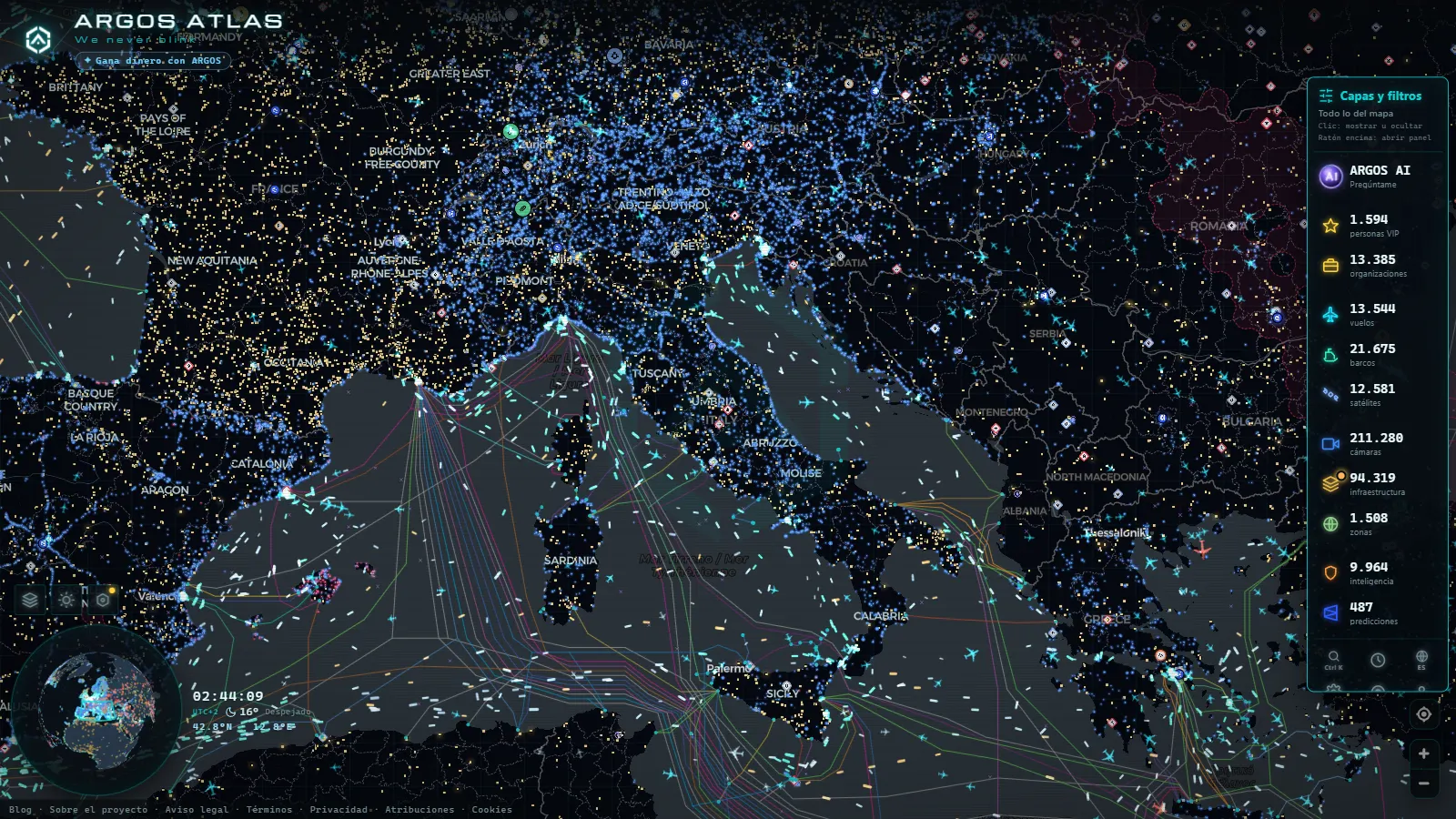 El mapa en vivo de ARGOS ATLAS sobre Italia