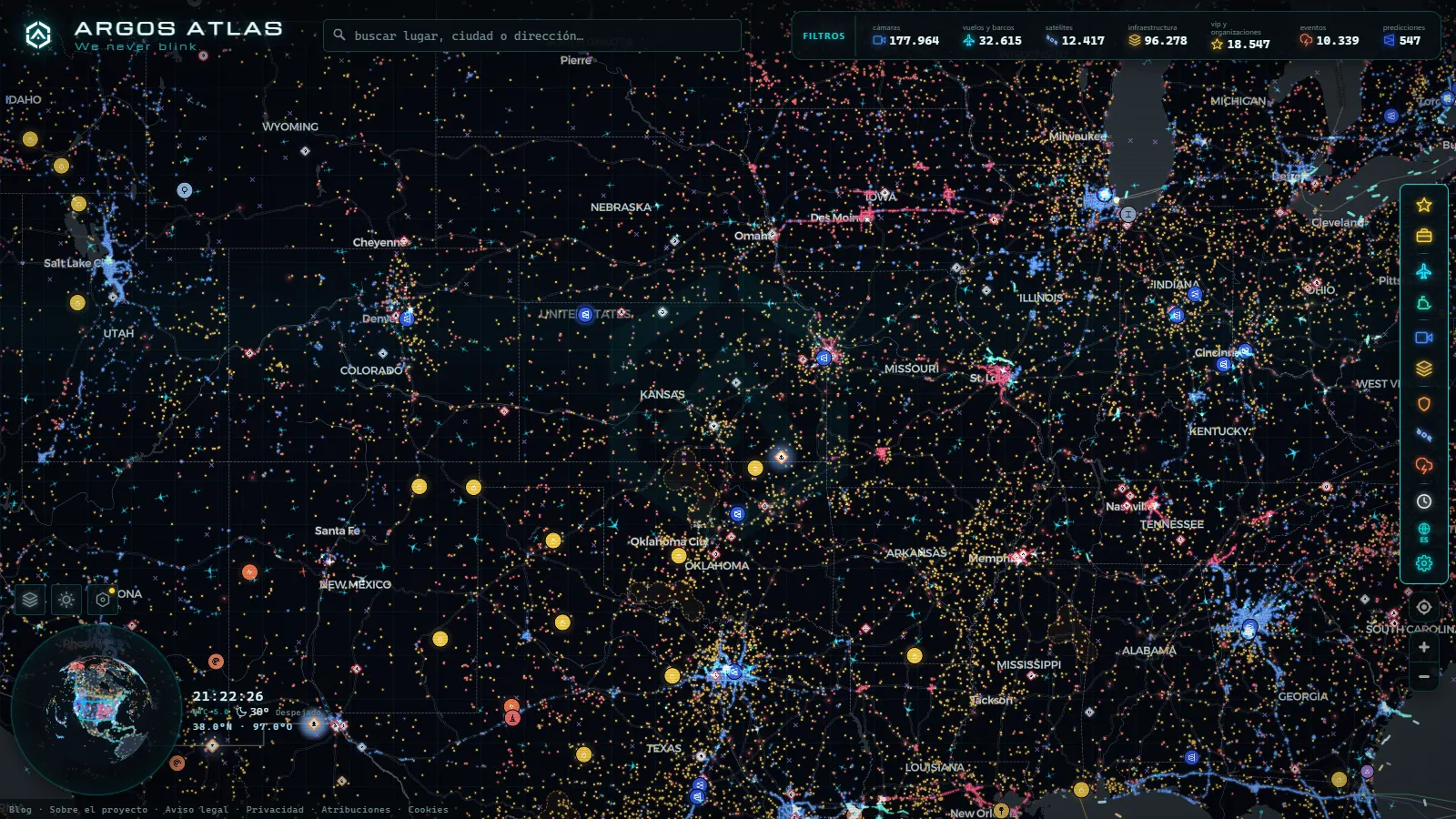 El mapa en vivo de ARGOS ATLAS sobre Estados Unidos