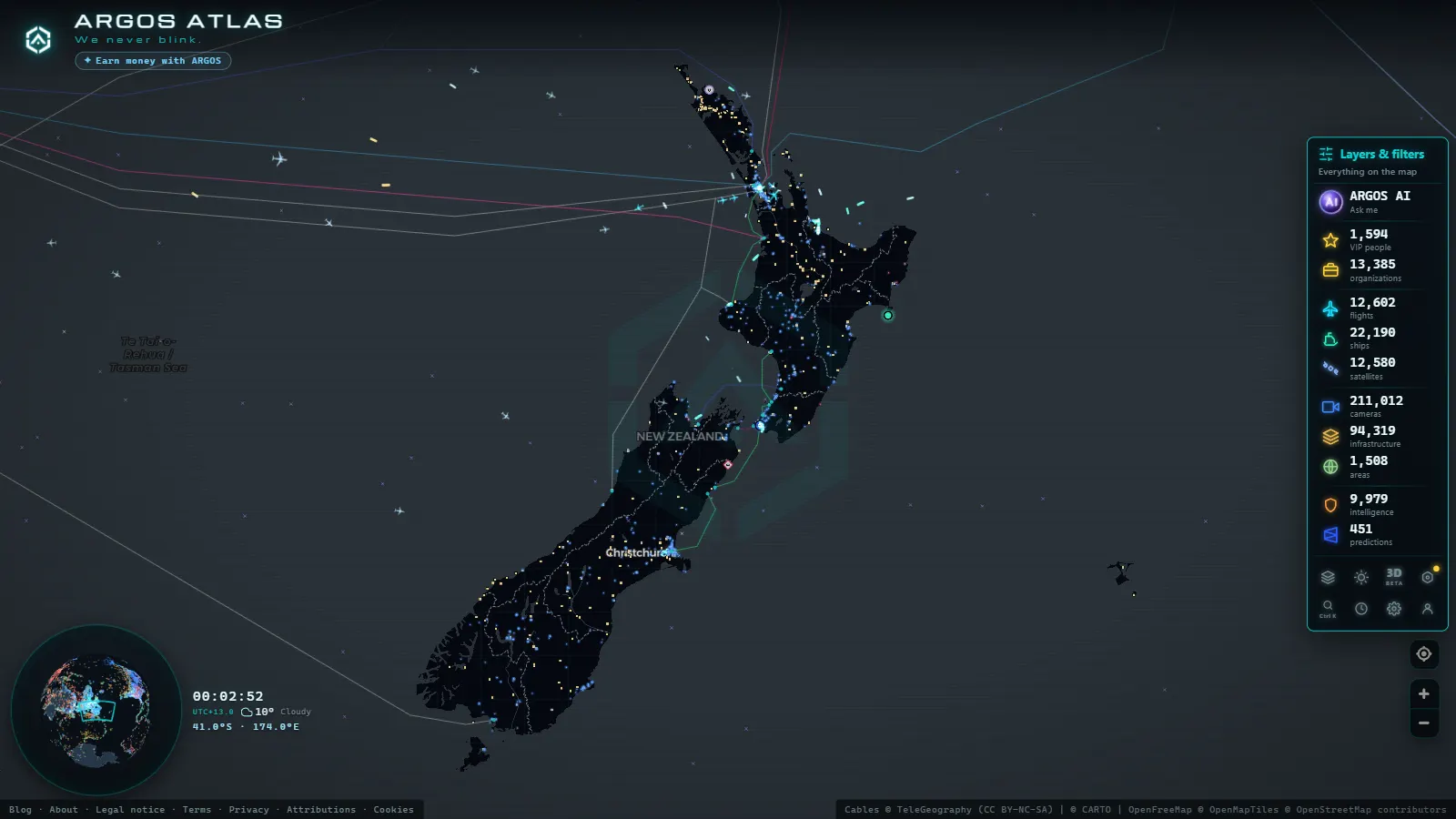The ARGOS ATLAS live map over New Zealand