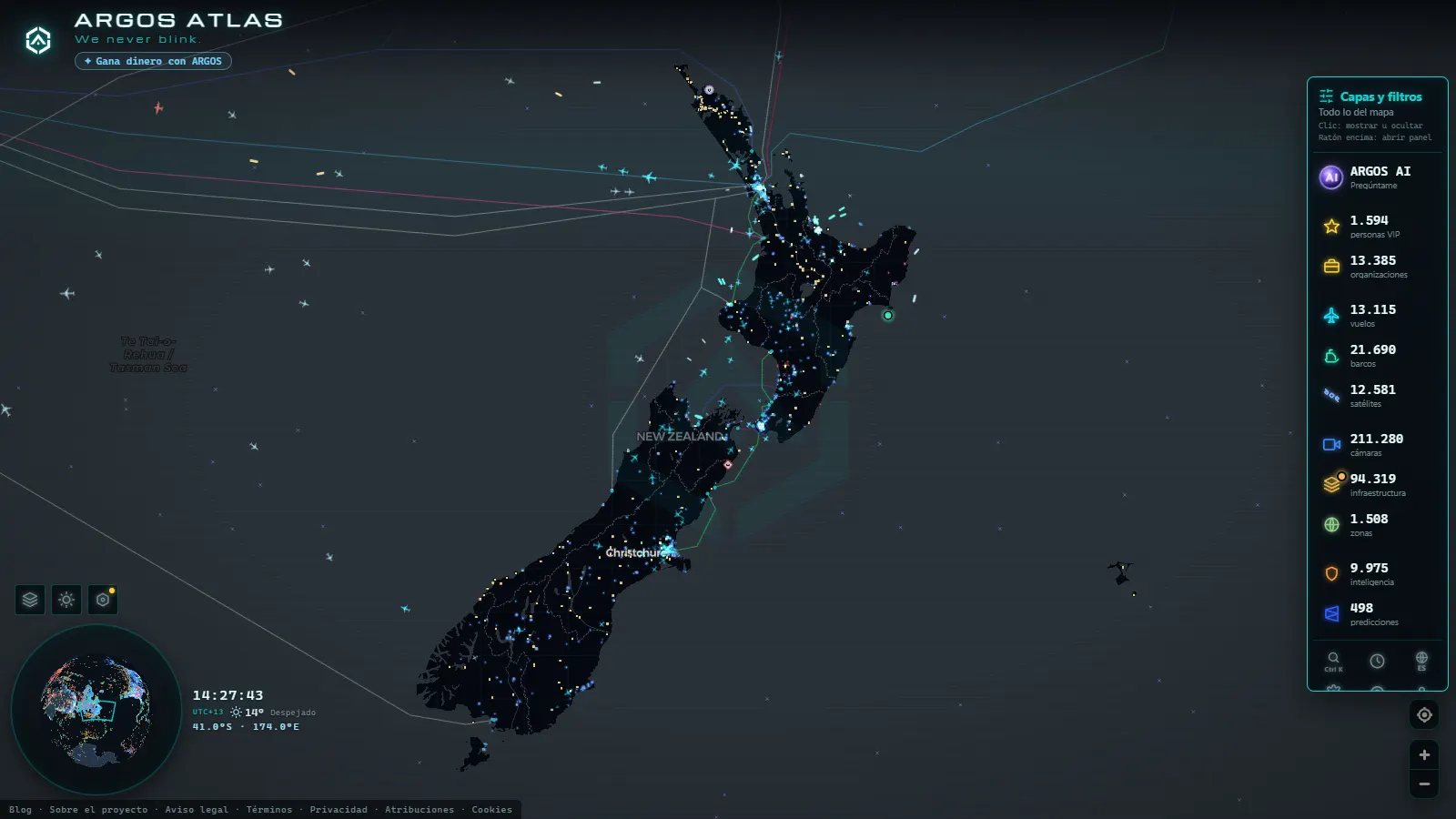 El mapa en vivo de ARGOS ATLAS sobre Nueva Zelanda