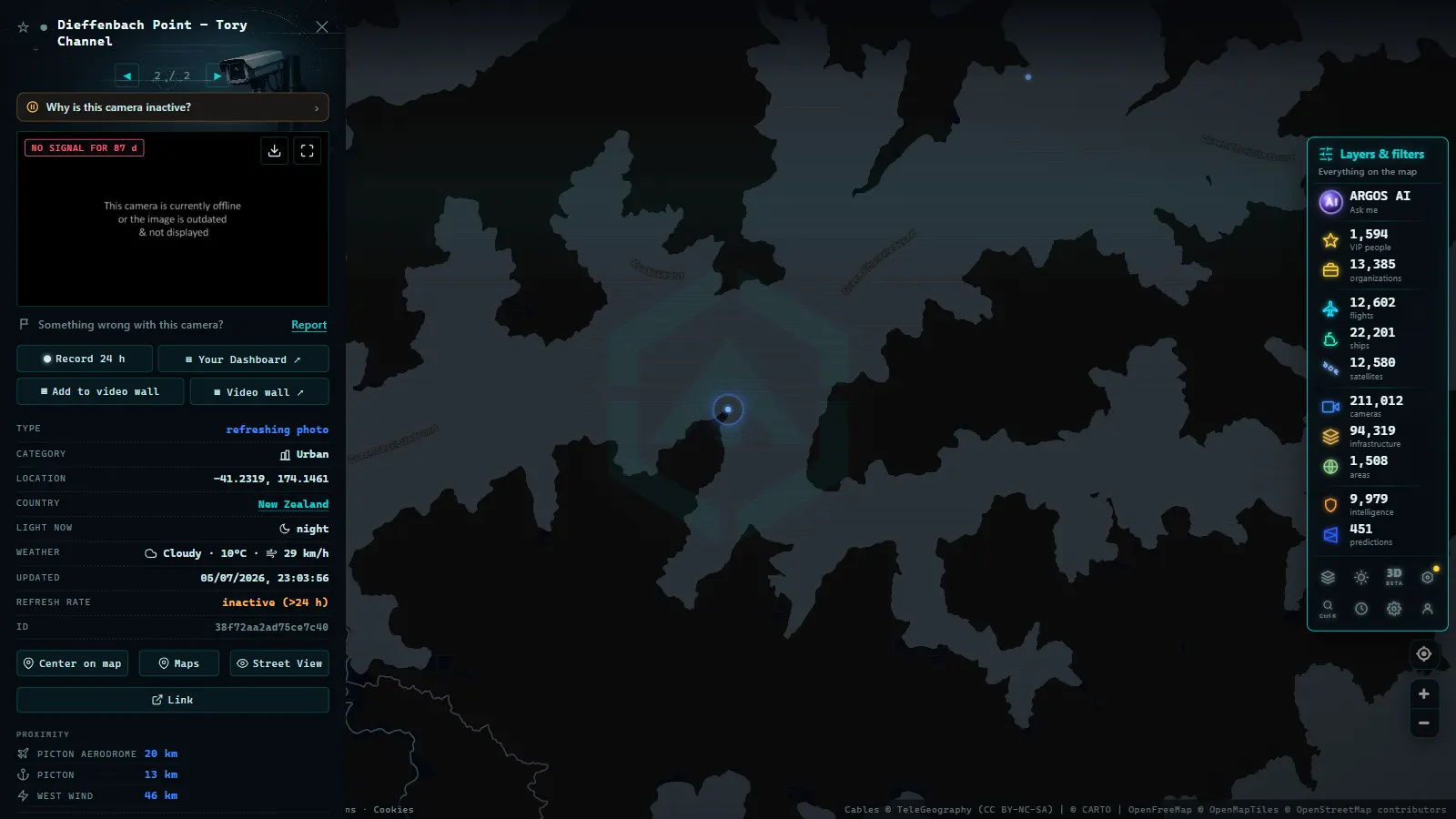 Detail card of Dieffenbach Point — Tory Channel (Urban) on the ARGOS ATLAS map