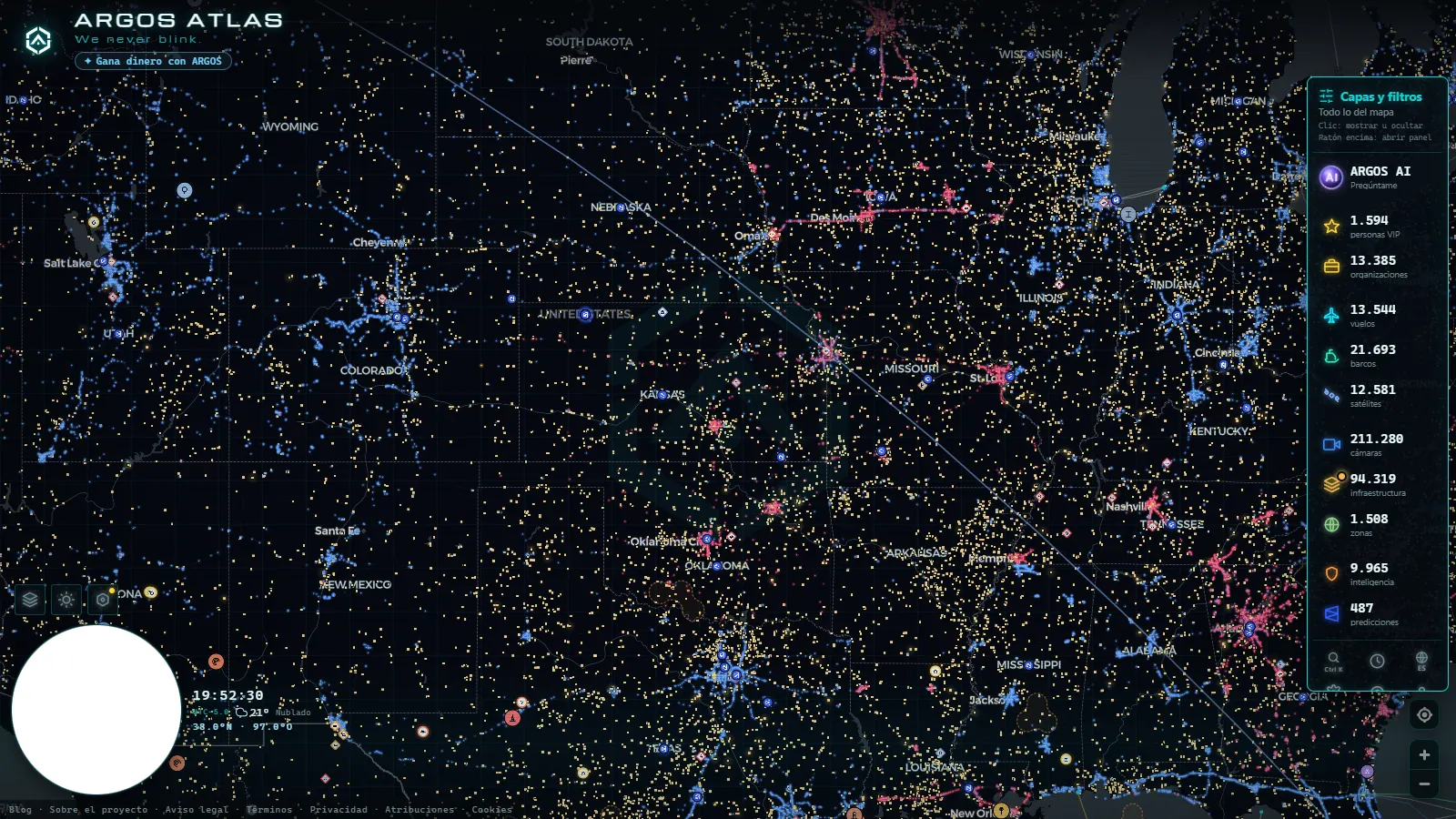 El mapa en vivo de ARGOS ATLAS sobre Estados Unidos