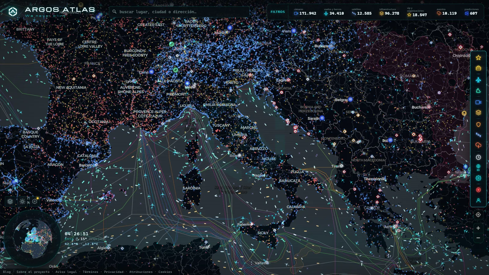 El mapa en vivo de ARGOS ATLAS sobre Italia