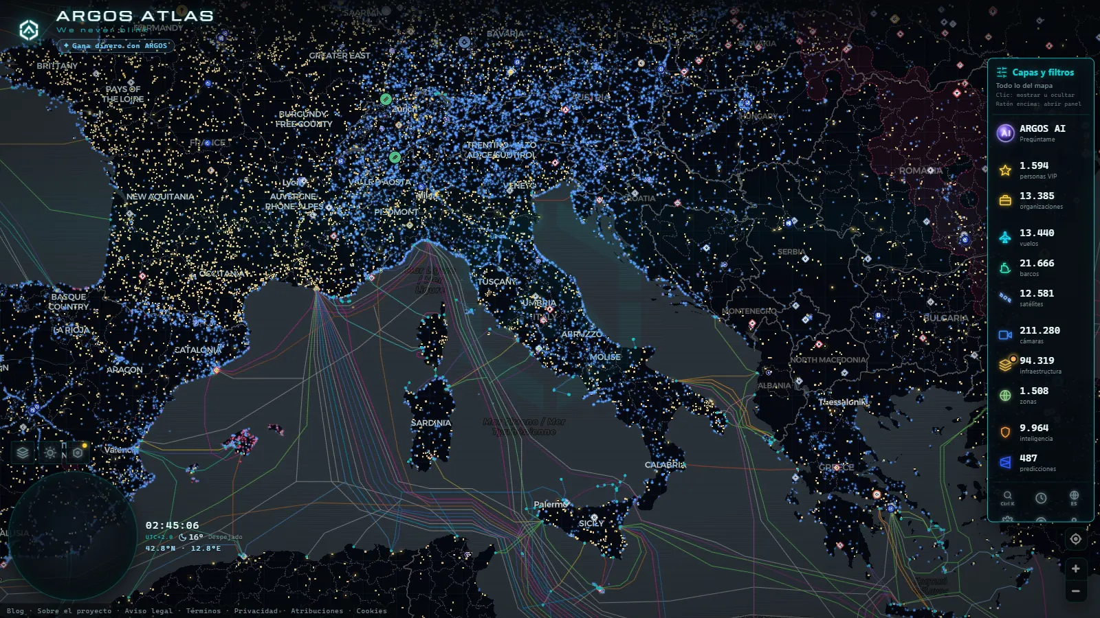 El mapa en vivo de ARGOS ATLAS sobre Italia