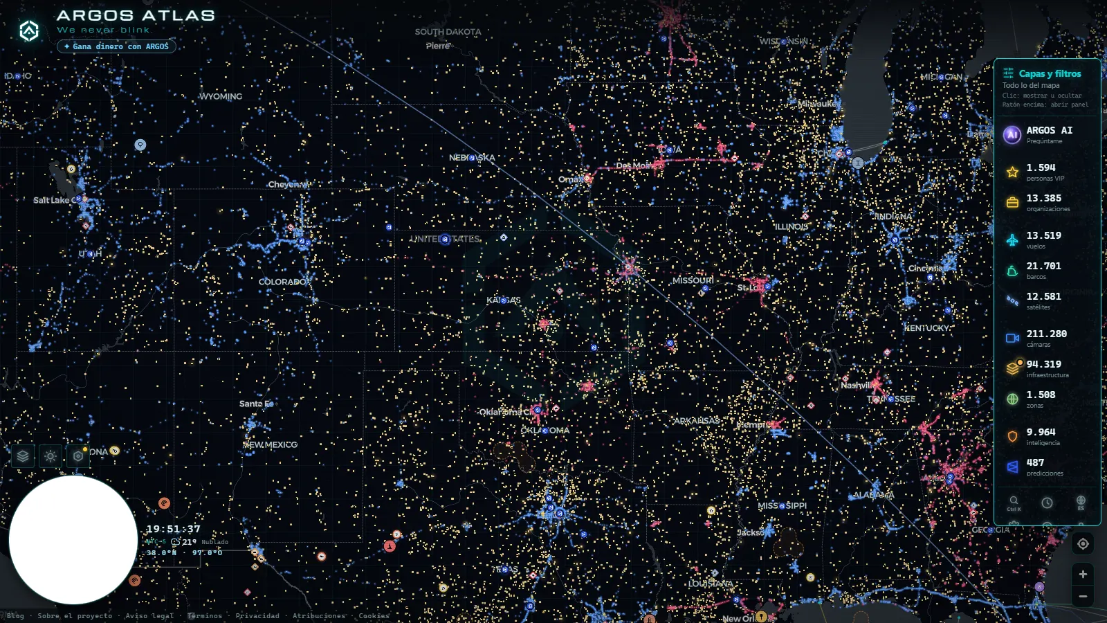 El mapa en vivo de ARGOS ATLAS sobre Estados Unidos
