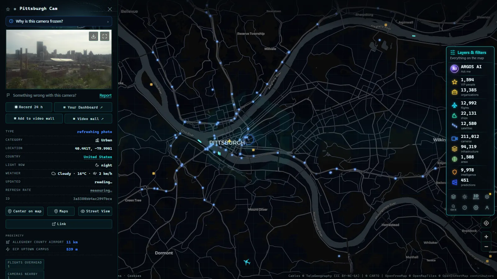 Detail card of Pittsburgh Cam (Urban) on the ARGOS ATLAS map