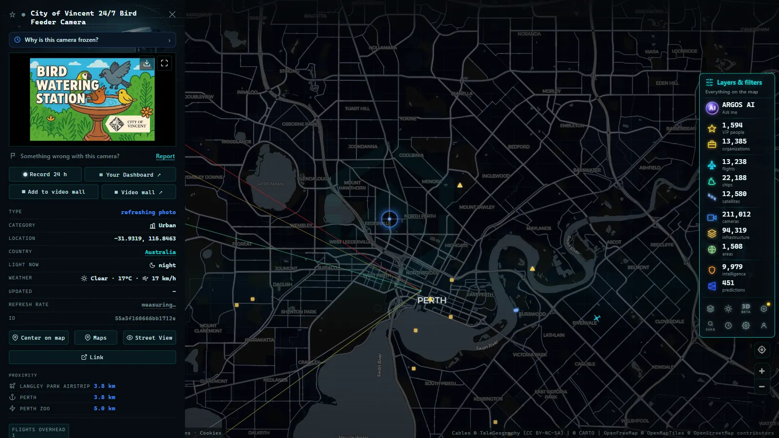 Detail card of City of Vincent 24/7 Bird Feeder Camera (Urban) on the ARGOS ATLAS map