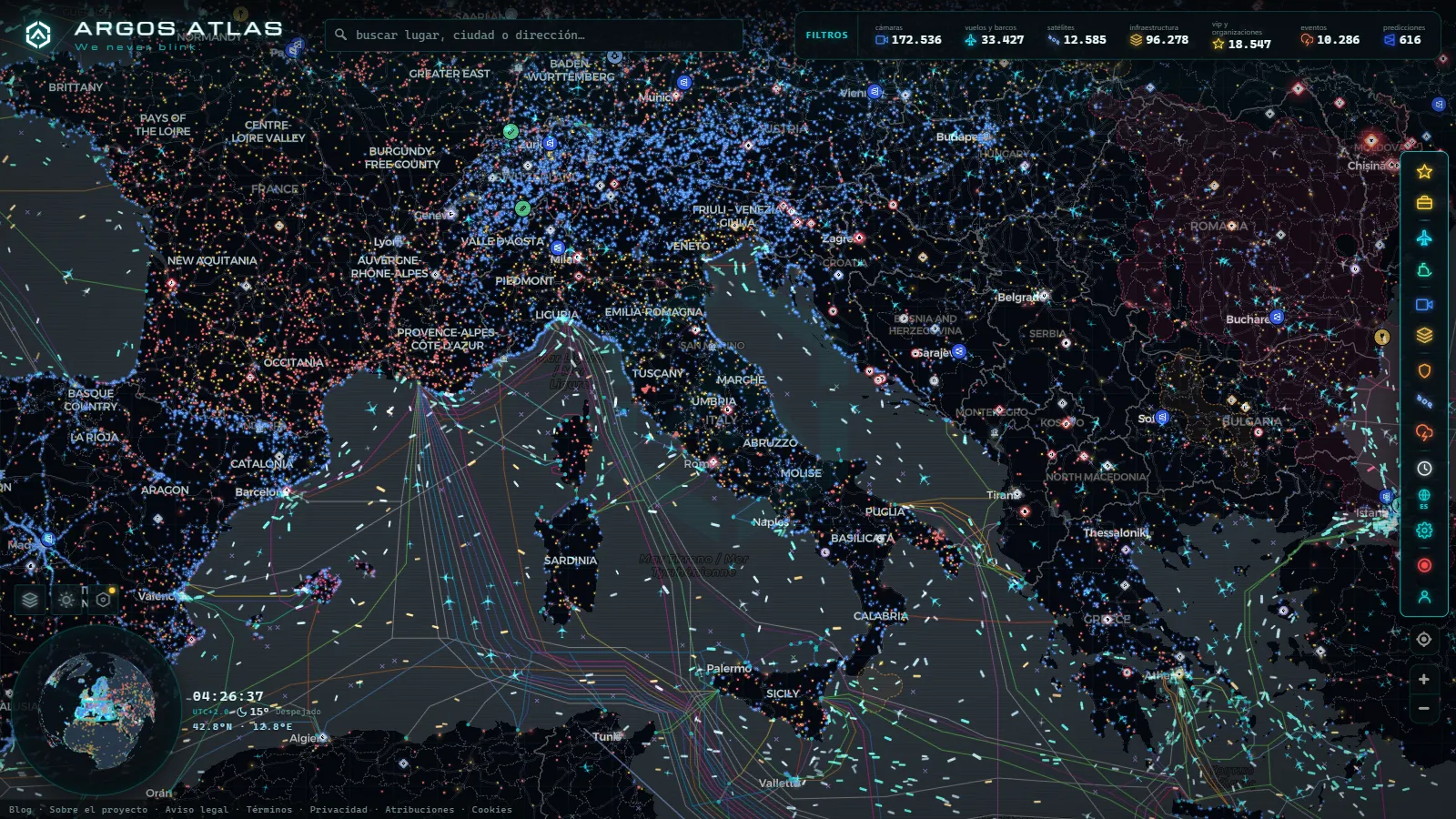 El mapa en vivo de ARGOS ATLAS sobre Italia