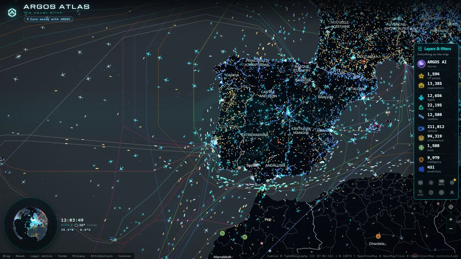The ARGOS ATLAS live map over Portugal