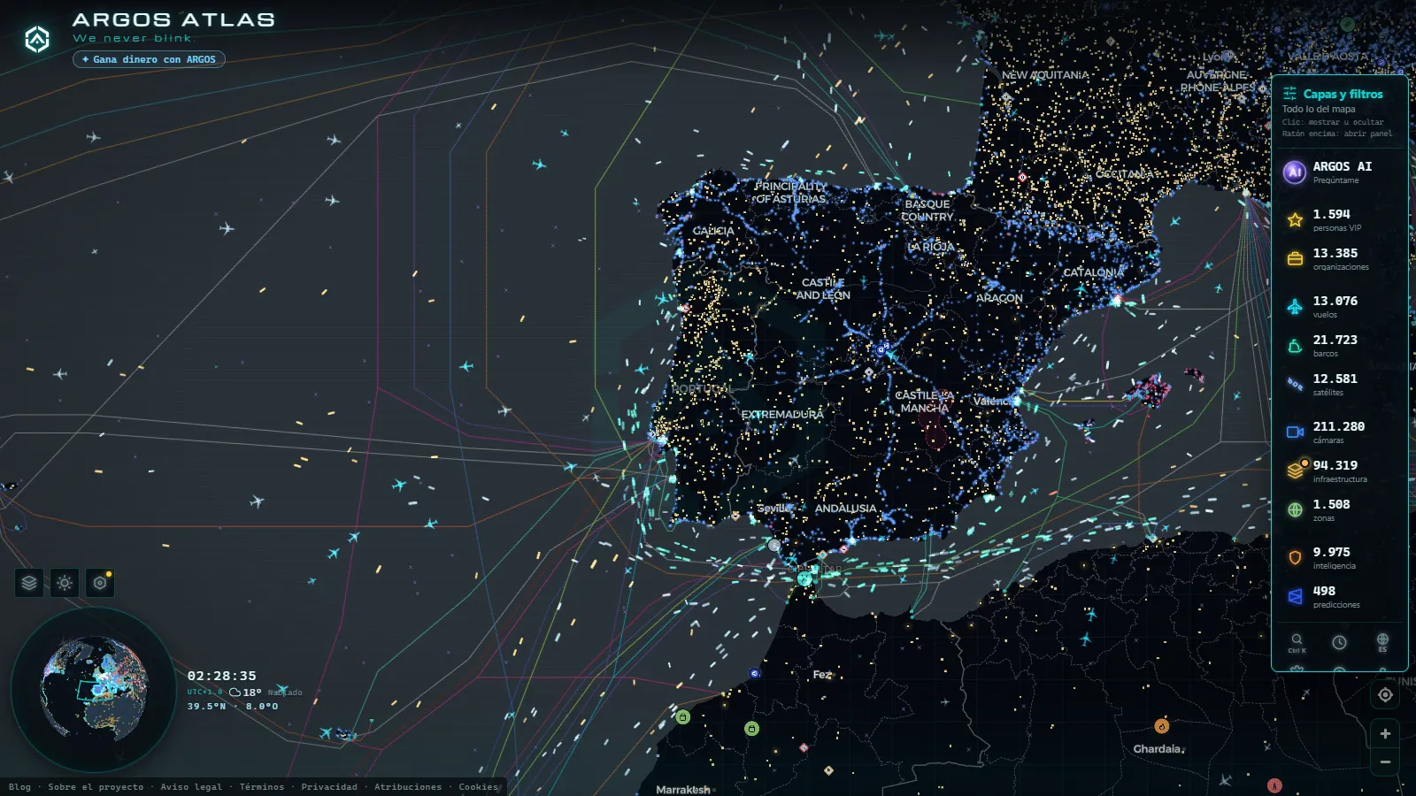 El mapa en vivo de ARGOS ATLAS sobre Portugal