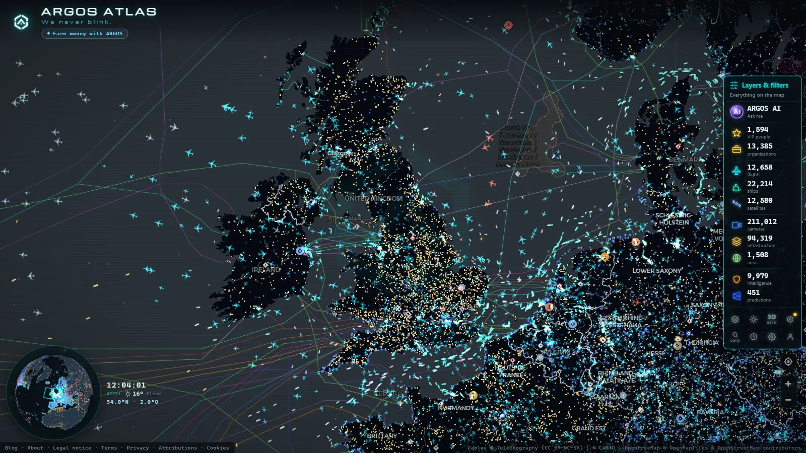 The ARGOS ATLAS live map over United Kingdom