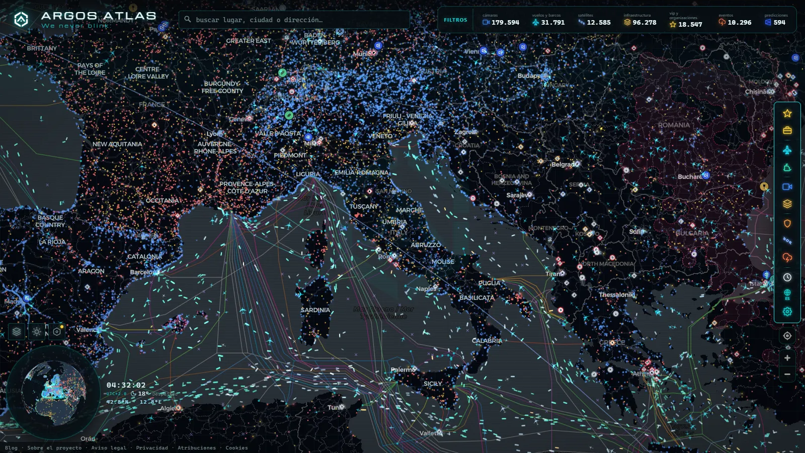 El mapa en vivo de ARGOS ATLAS sobre Italia