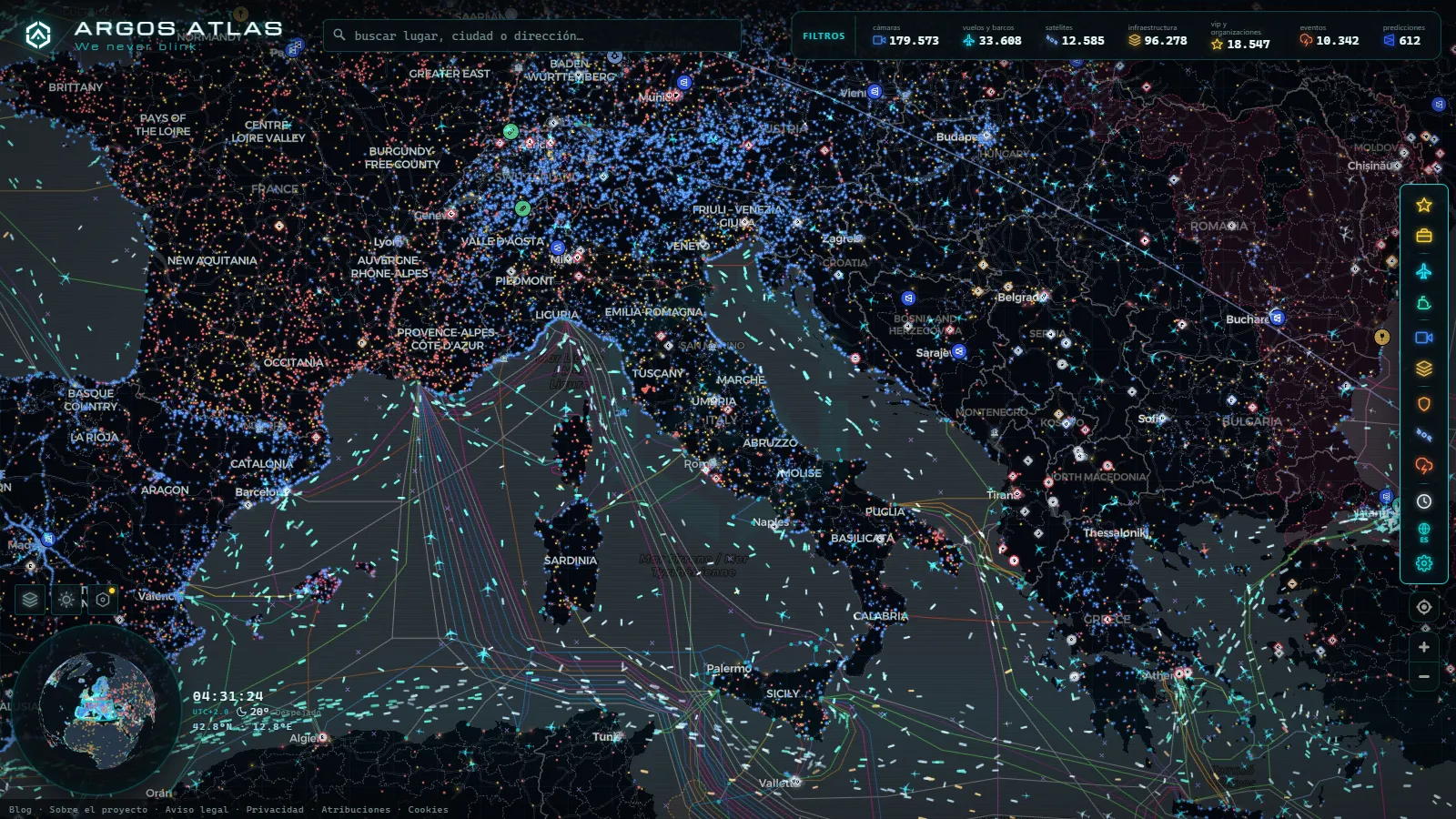 El mapa en vivo de ARGOS ATLAS sobre Italia