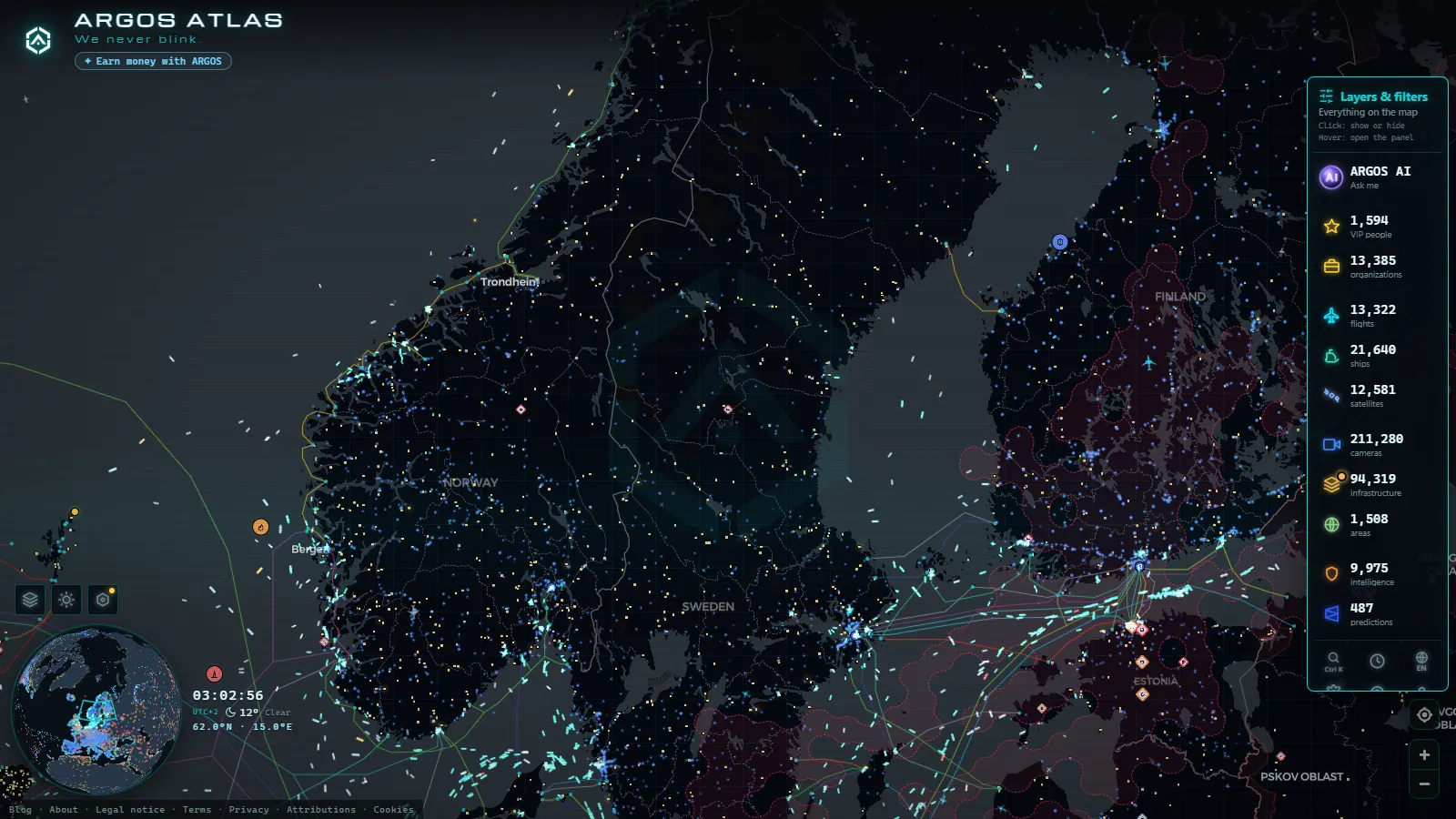 The ARGOS ATLAS live map over Sweden
