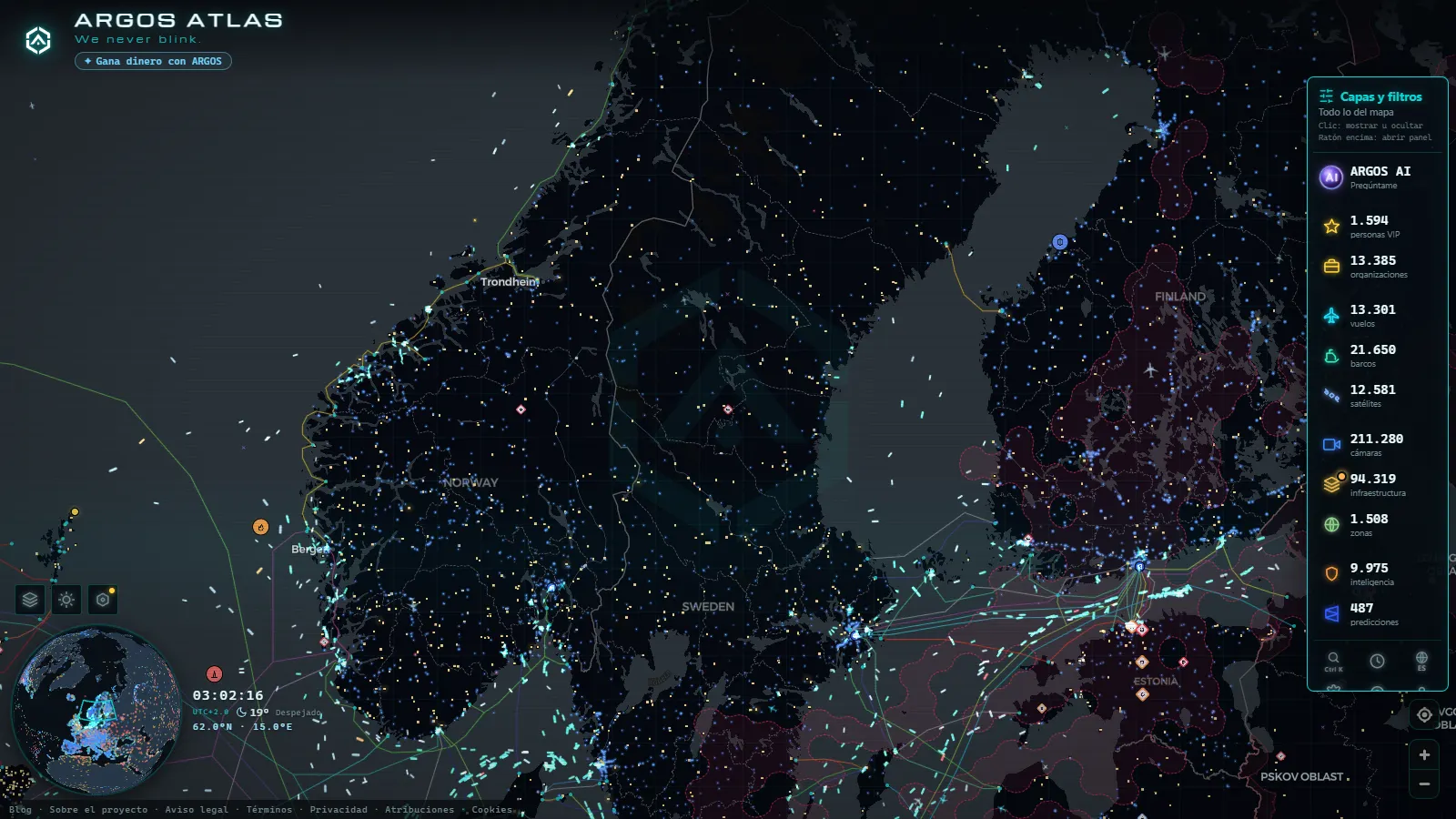 El mapa en vivo de ARGOS ATLAS sobre Suecia